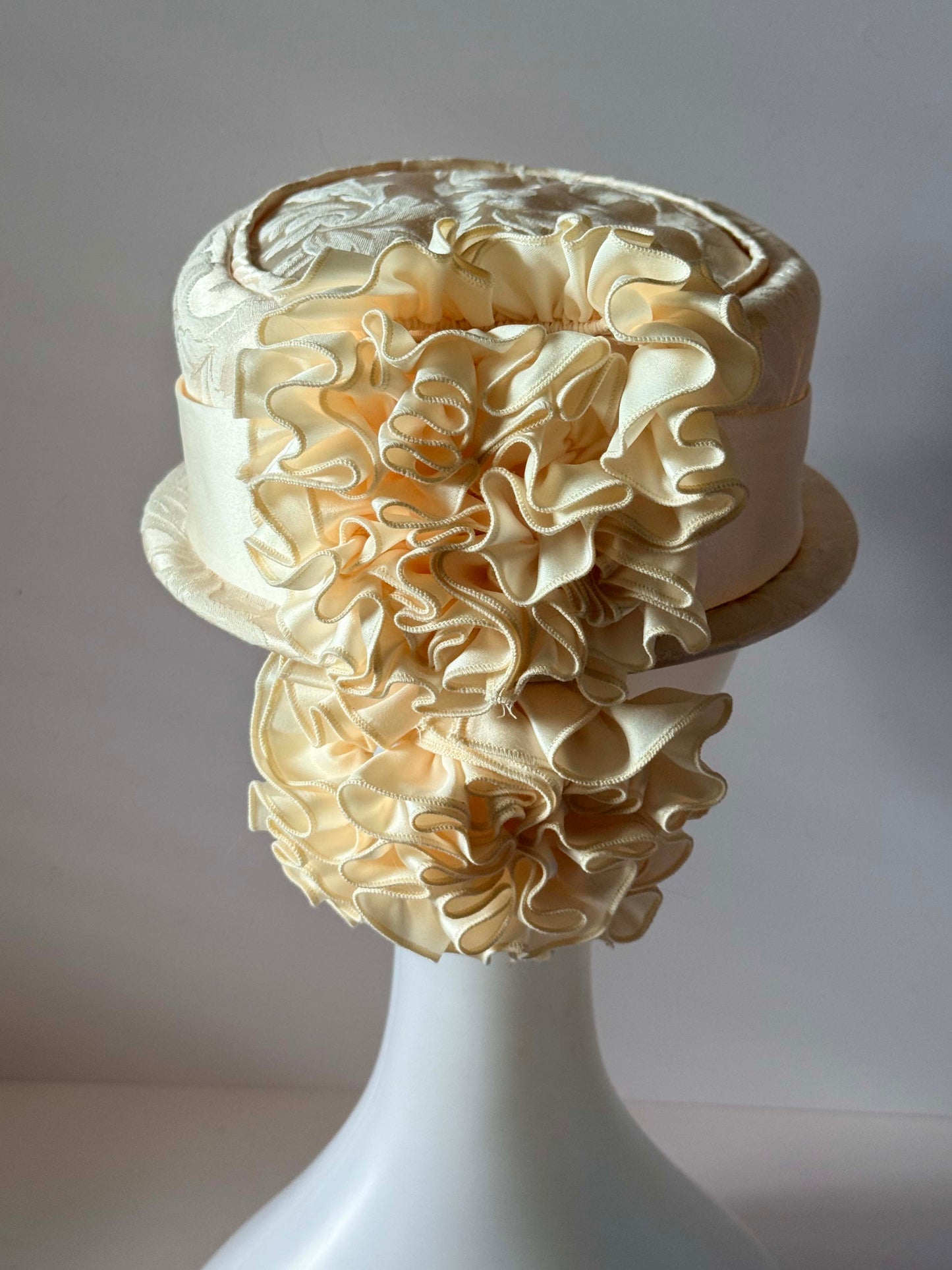 Vintage Ivory Pillbox Hat, Brocade Bridal Hat, Satin Cocktail Hat, Wedding Hat, Elegant Church Hat, Mid Century Millinery, Bridal Headpiece