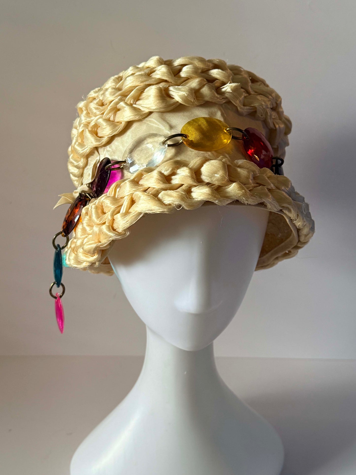 Vintage 1960s Braided Raffia Pillbox Hat, Ivory Straw Pillbox with Lucite Bead Trim, Mid Century Cocktail Hat, Mod Millinery, Women's Vintage Hat