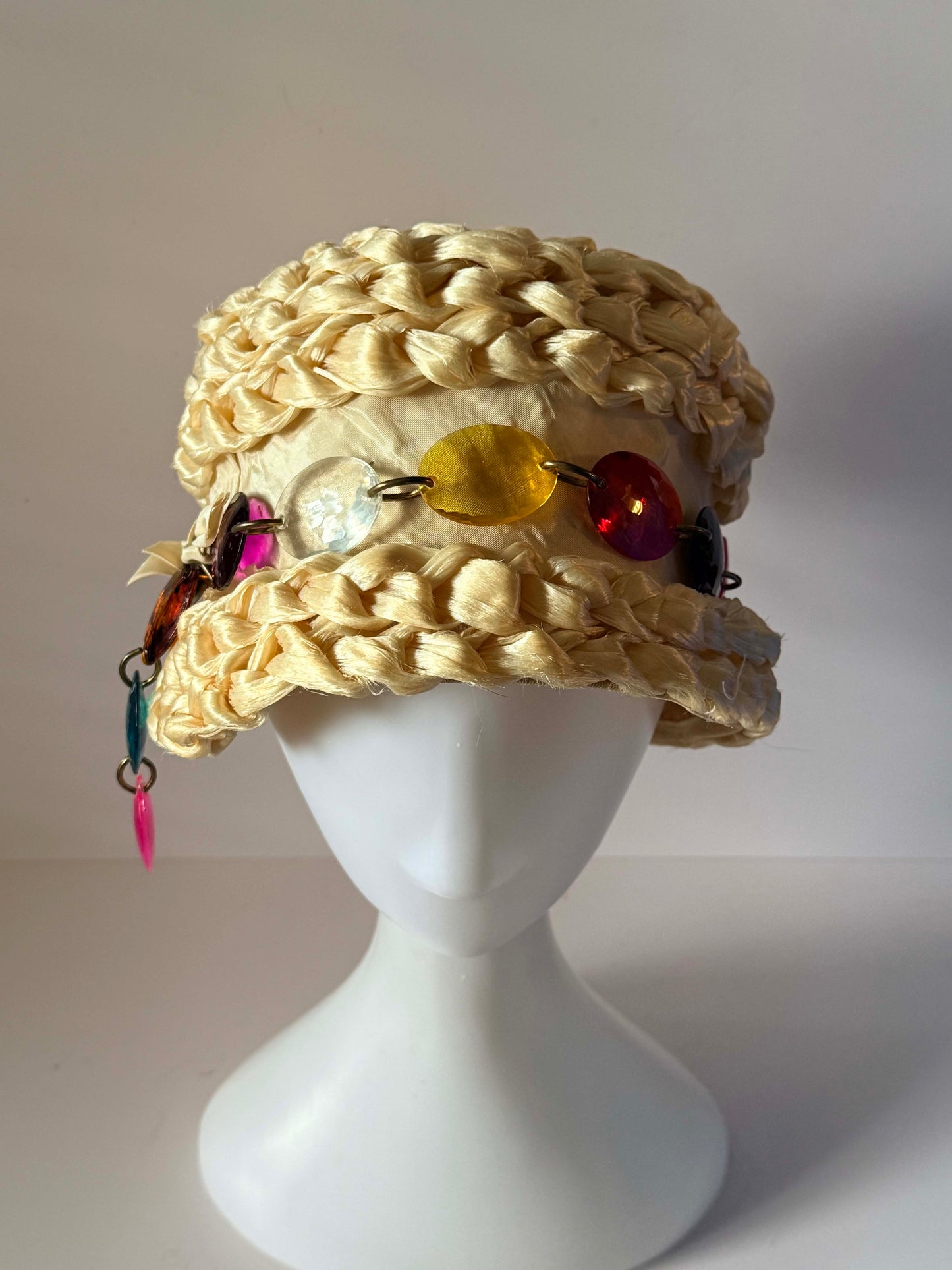 Vintage 1960s Braided Raffia Pillbox Hat, Ivory Straw Pillbox with Lucite Bead Trim, Mid Century Cocktail Hat, Mod Millinery, Women's Vintage Hat