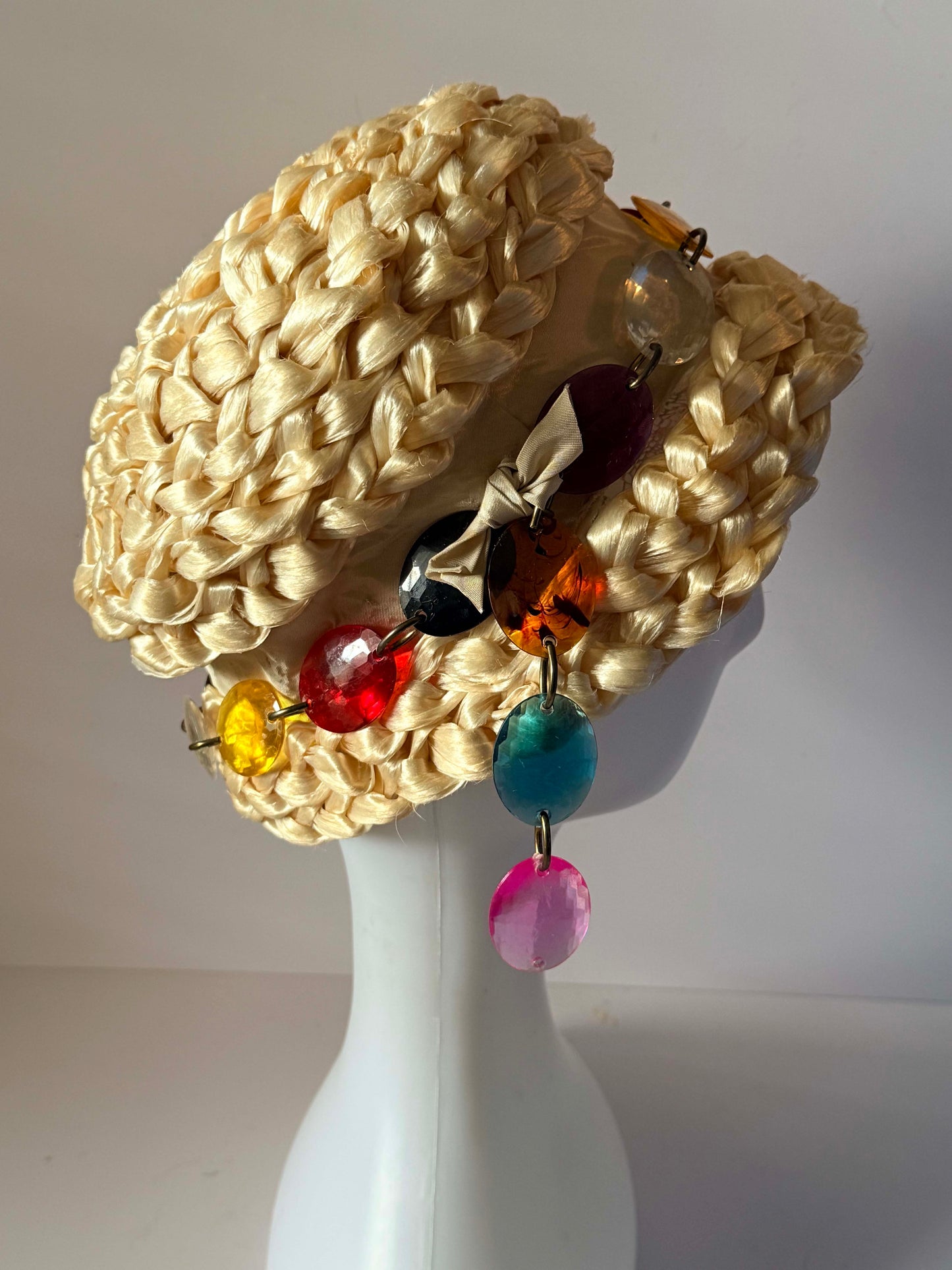 Vintage 1960s Braided Raffia Pillbox Hat, Ivory Straw Pillbox with Lucite Bead Trim, Mid Century Cocktail Hat, Mod Millinery, Women's Vintage Hat