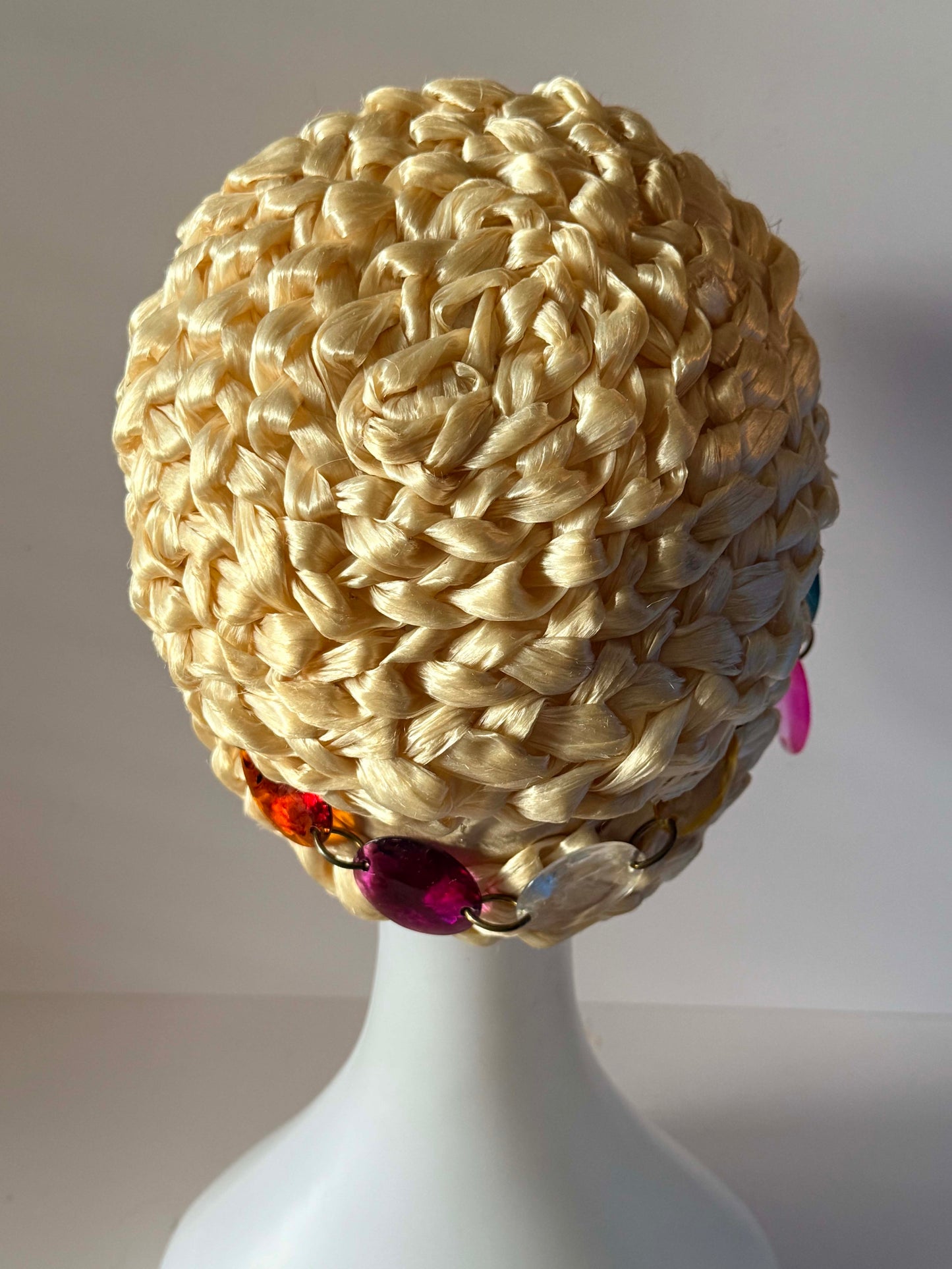 Vintage 1960s Braided Raffia Pillbox Hat, Ivory Straw Pillbox with Lucite Bead Trim, Mid Century Cocktail Hat, Mod Millinery, Women's Vintage Hat