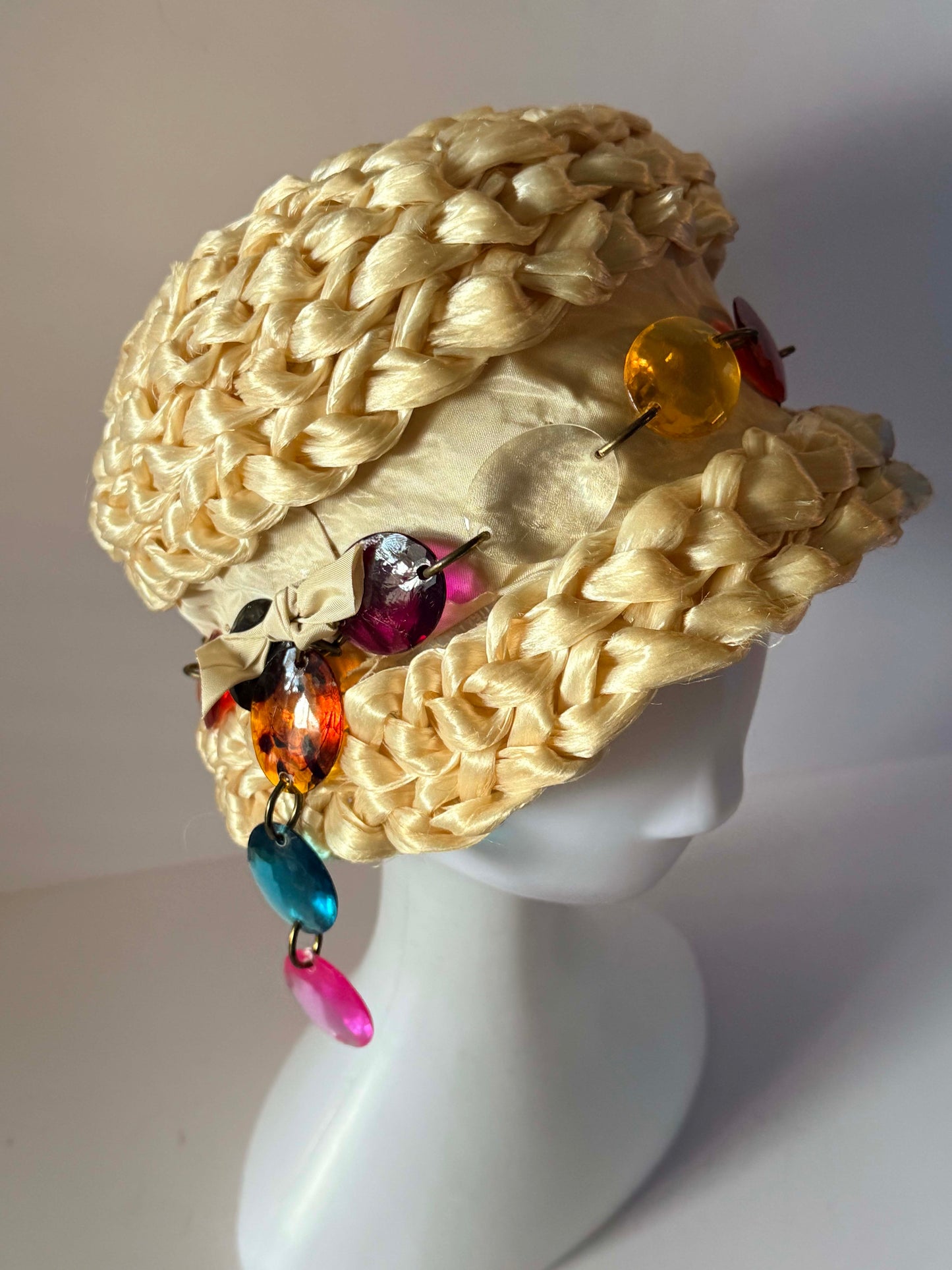 Vintage 1960s Braided Raffia Pillbox Hat, Ivory Straw Pillbox with Lucite Bead Trim, Mid Century Cocktail Hat, Mod Millinery, Women's Vintage Hat