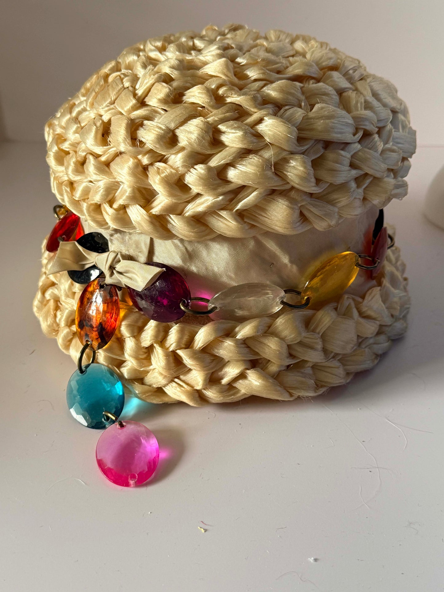 Vintage 1960s Braided Raffia Pillbox Hat, Ivory Straw Pillbox with Lucite Bead Trim, Mid Century Cocktail Hat, Mod Millinery, Women's Vintage Hat