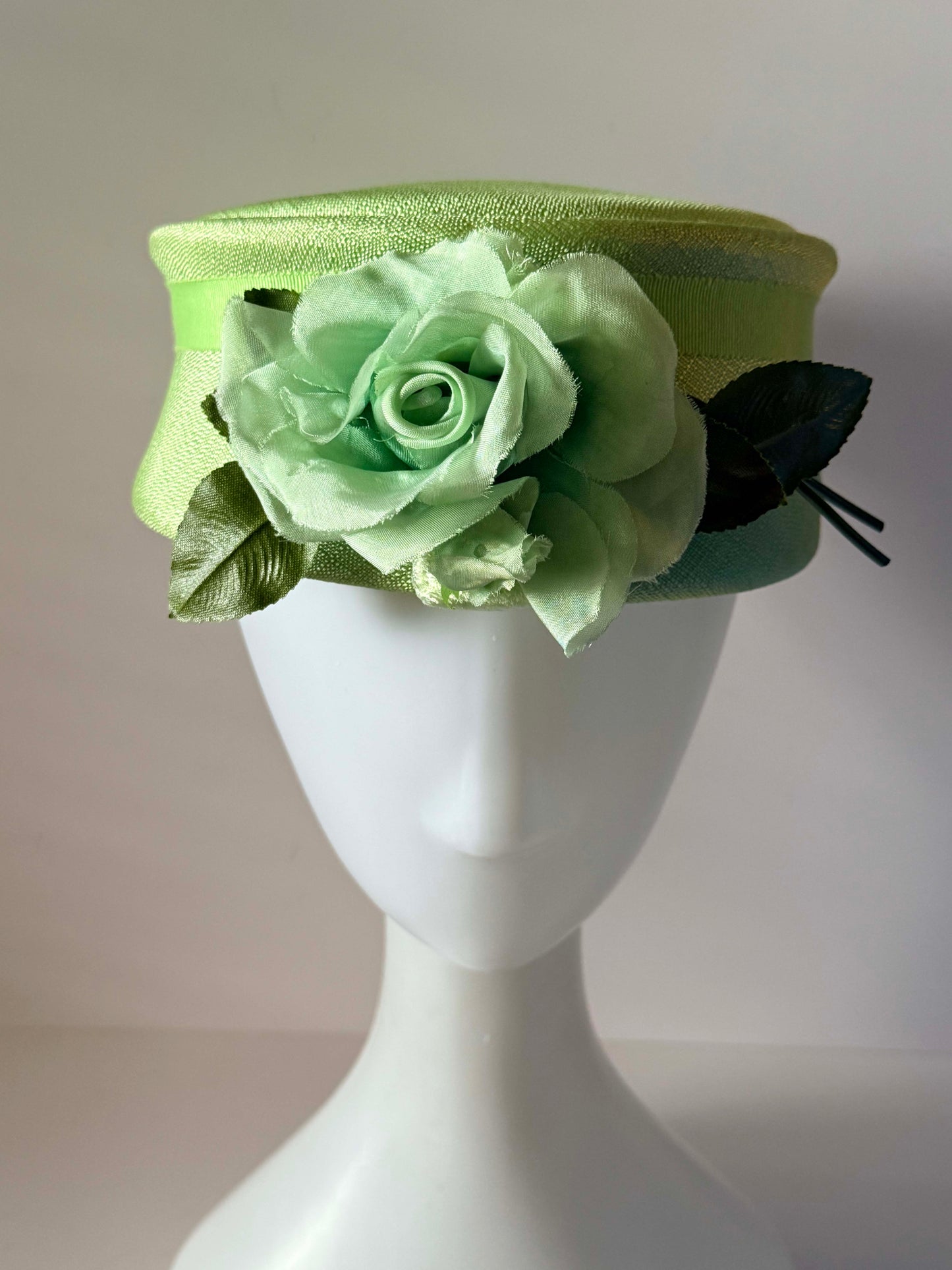 Vintage Mint Green Pillbox Hat 1960s Satin Floral Cocktail Hat Spring Wedding Fascinator