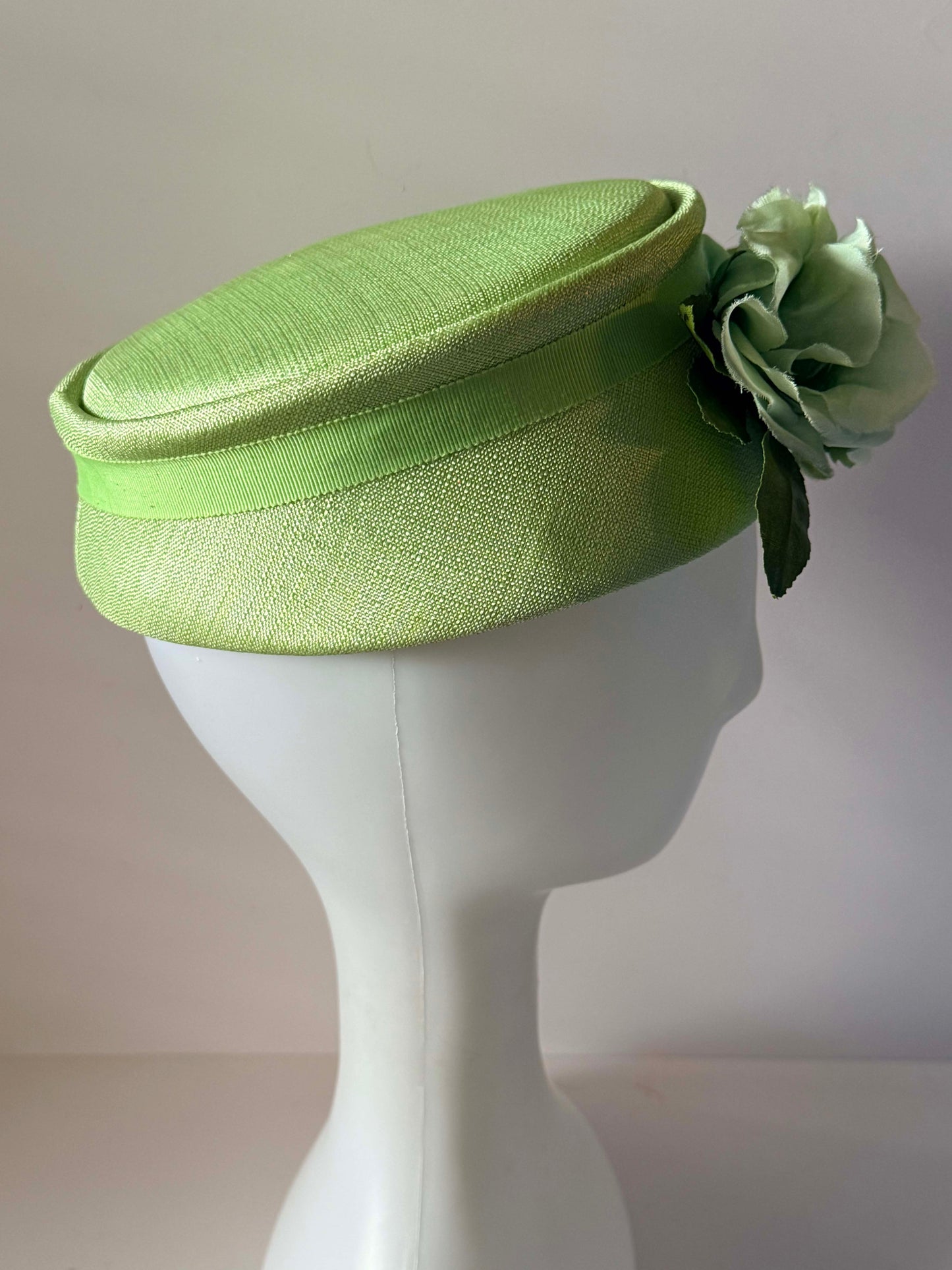 Vintage Mint Green Pillbox Hat 1960s Satin Floral Cocktail Hat Spring Wedding Fascinator