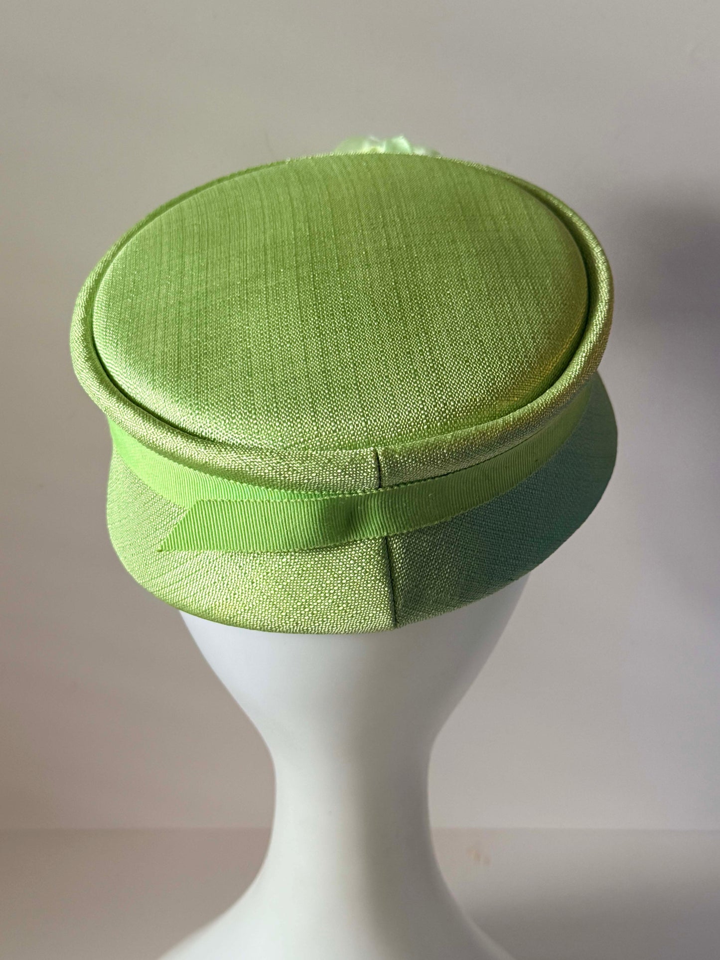 Vintage Mint Green Pillbox Hat 1960s Satin Floral Cocktail Hat Spring Wedding Fascinator