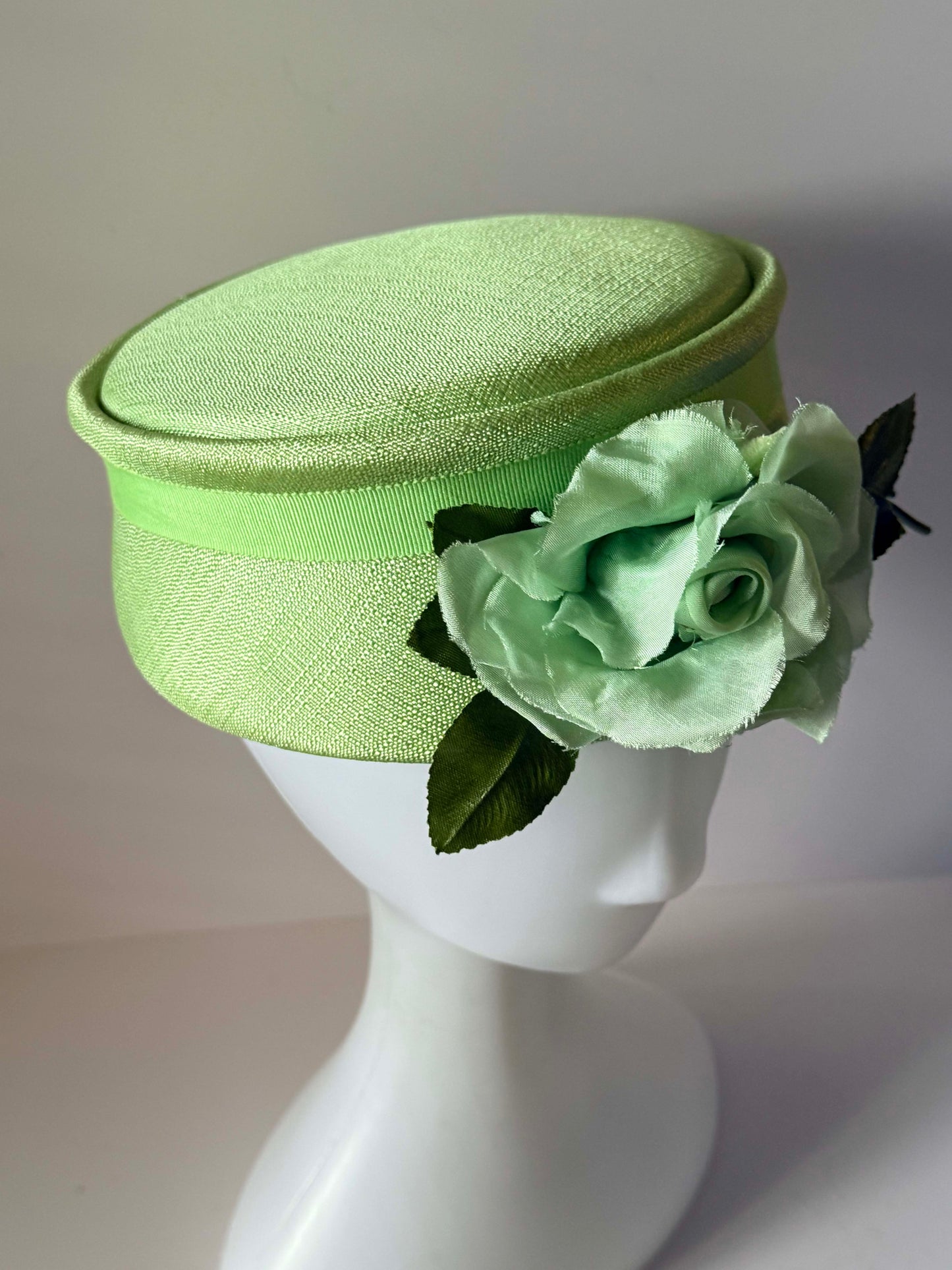 Vintage Mint Green Pillbox Hat 1960s Satin Floral Cocktail Hat Spring Wedding Fascinator