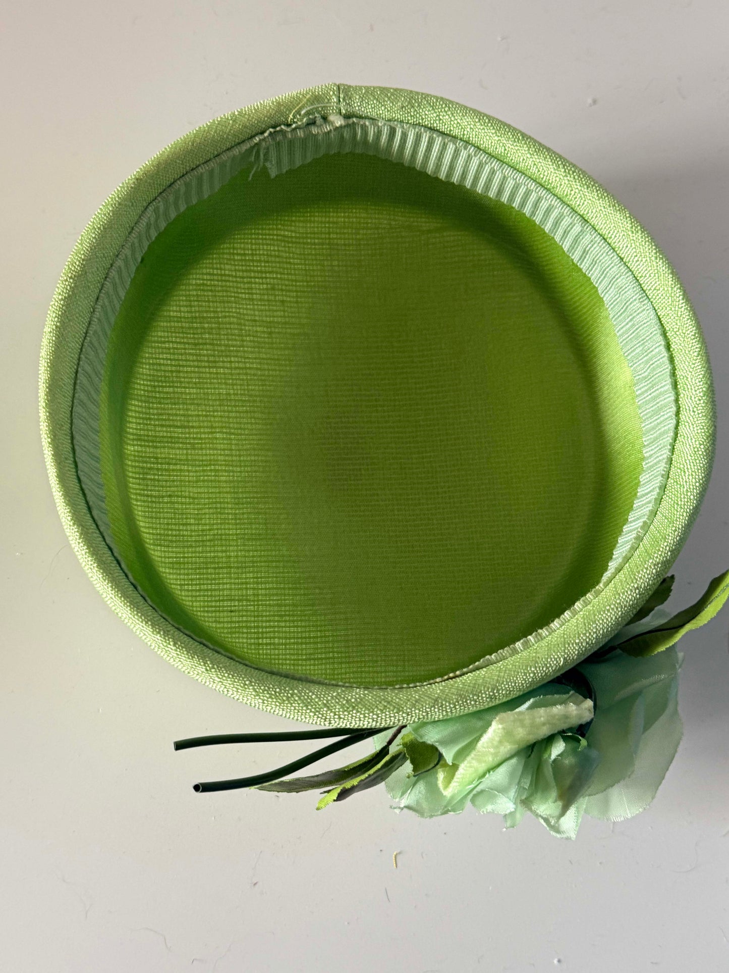 Vintage Mint Green Pillbox Hat 1960s Satin Floral Cocktail Hat Spring Wedding Fascinator