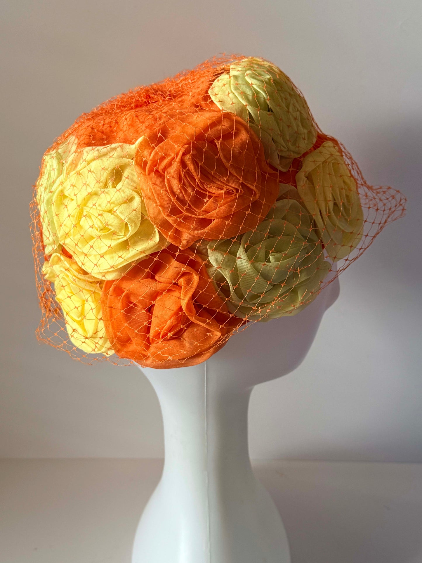 Vintage Wilshire Floral Toque Hat, 1960s Peach Yellow Rosette Hat, Veiled Cocktail Hat, Mid Century Millinery, Wedding Guest Hat, Easter Hat