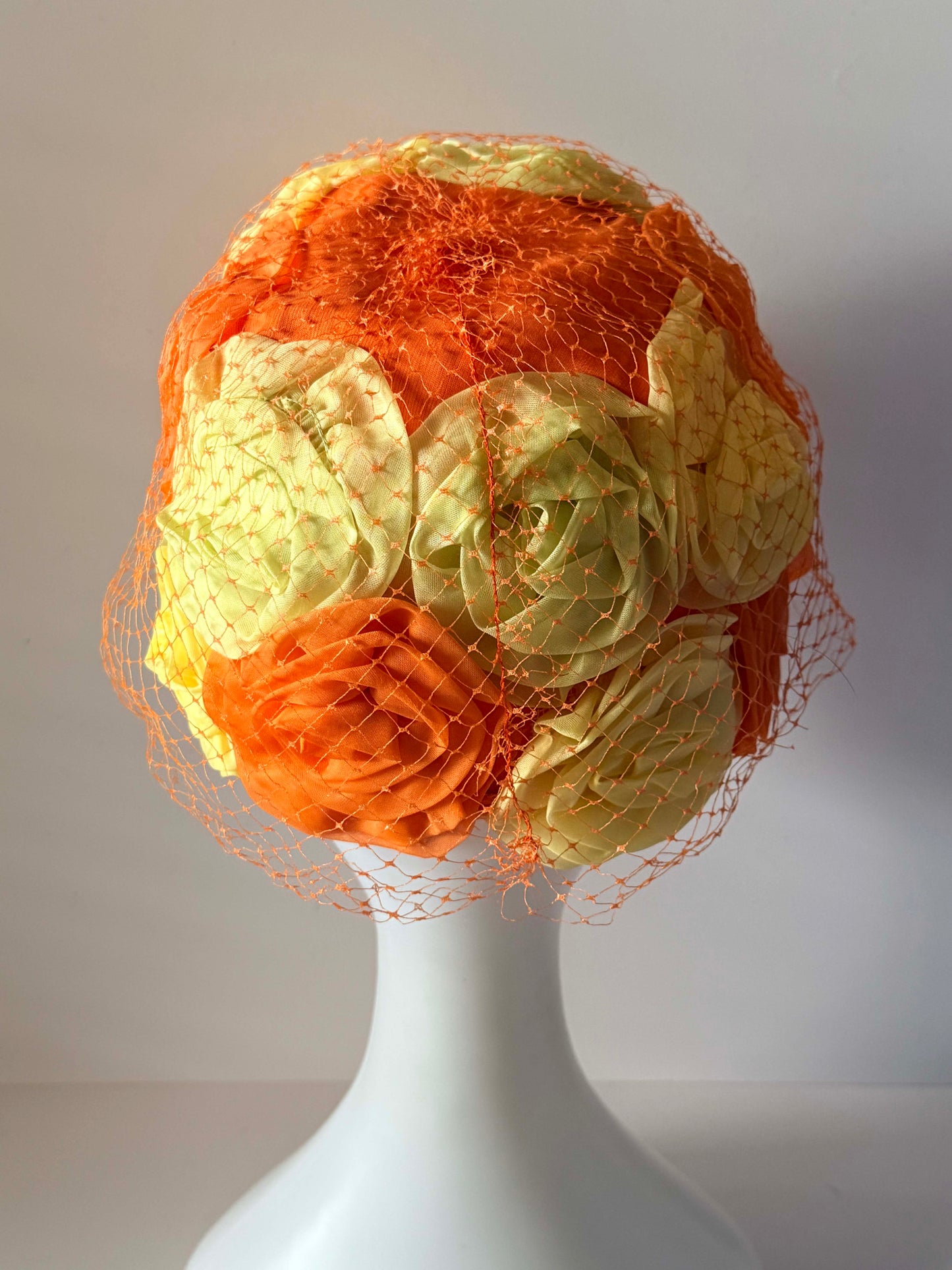 Vintage Wilshire Floral Toque Hat, 1960s Peach Yellow Rosette Hat, Veiled Cocktail Hat, Mid Century Millinery, Wedding Guest Hat, Easter Hat