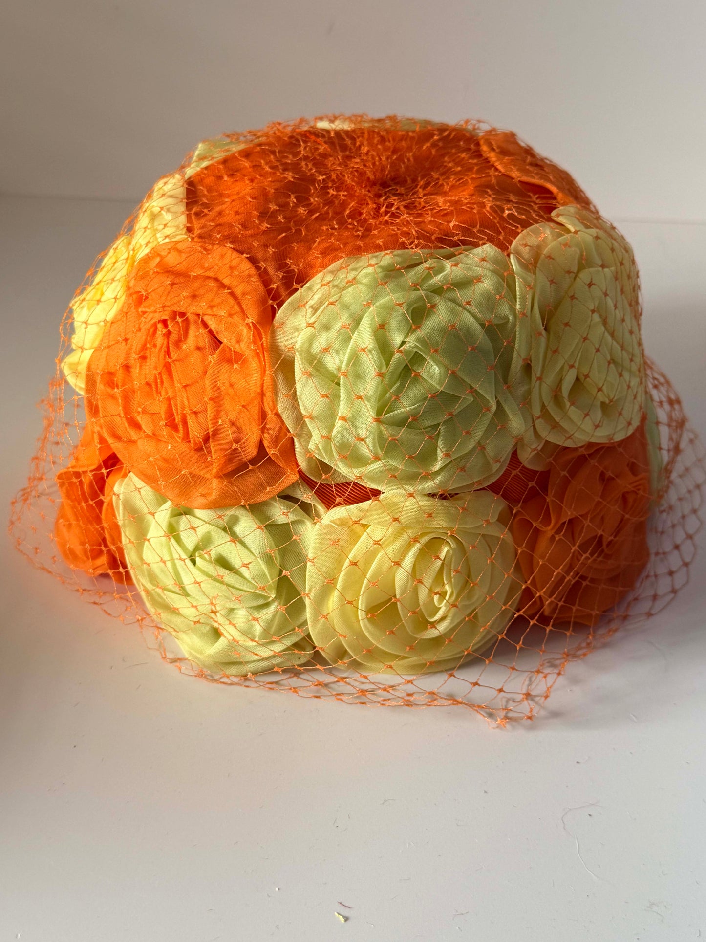 Vintage Wilshire Floral Toque Hat, 1960s Peach Yellow Rosette Hat, Veiled Cocktail Hat, Mid Century Millinery, Wedding Guest Hat, Easter Hat