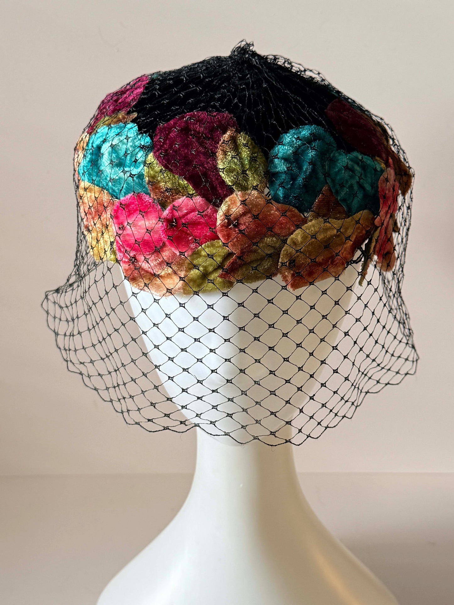Vintage Velvet Floral Pillbox Hat with Black Birdcage Veil, Jewel Tone Cocktail Hat, 1960s Fascinator, Wedding Guest Hat, Derby Hat