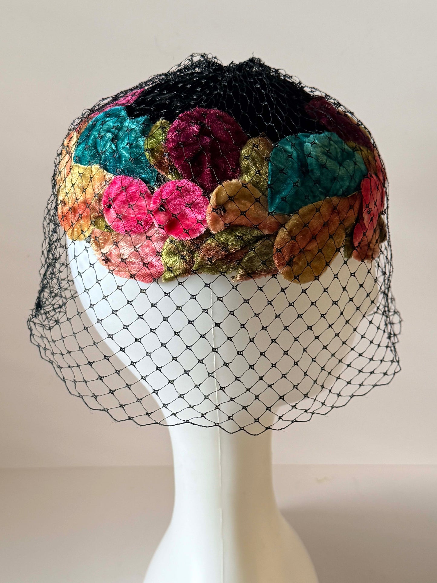 Vintage Velvet Floral Pillbox Hat with Black Birdcage Veil, Jewel Tone Cocktail Hat, 1960s Fascinator, Wedding Guest Hat, Derby Hat