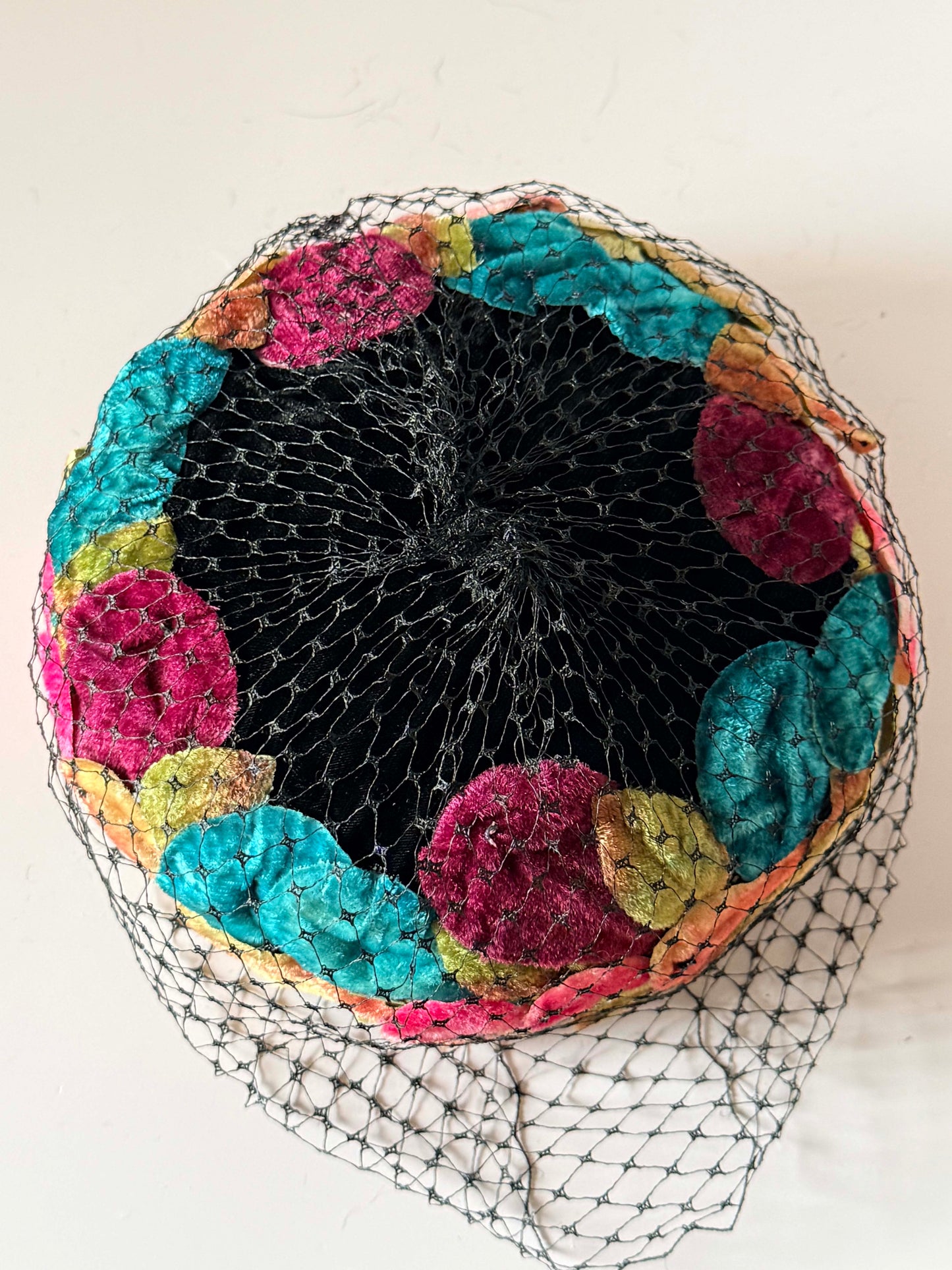 Vintage Velvet Floral Pillbox Hat with Black Birdcage Veil, Jewel Tone Cocktail Hat, 1960s Fascinator, Wedding Guest Hat, Derby Hat