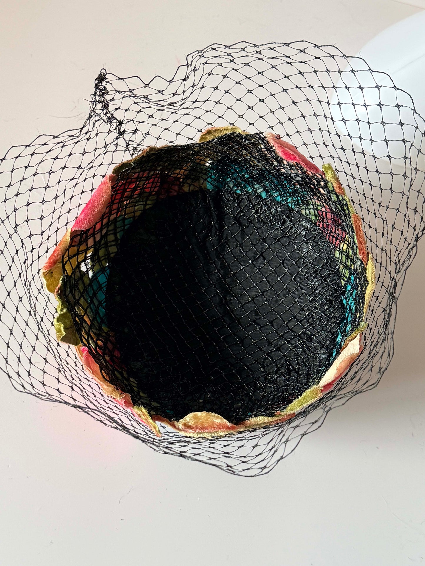 Vintage Velvet Floral Pillbox Hat with Black Birdcage Veil, Jewel Tone Cocktail Hat, 1960s Fascinator, Wedding Guest Hat, Derby Hat