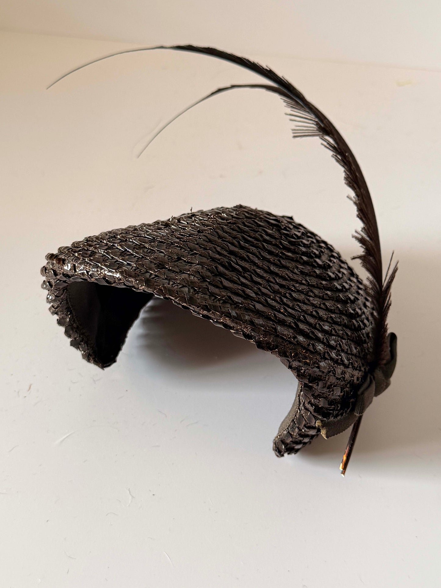 Vintage Brown Raffia Tilt Hat, Asymmetrical Cocktail Hat, Feather Fascinator, 1950s Millinery, Sculptural Straw Hat, Derby Hat, Wedding Guest Hat