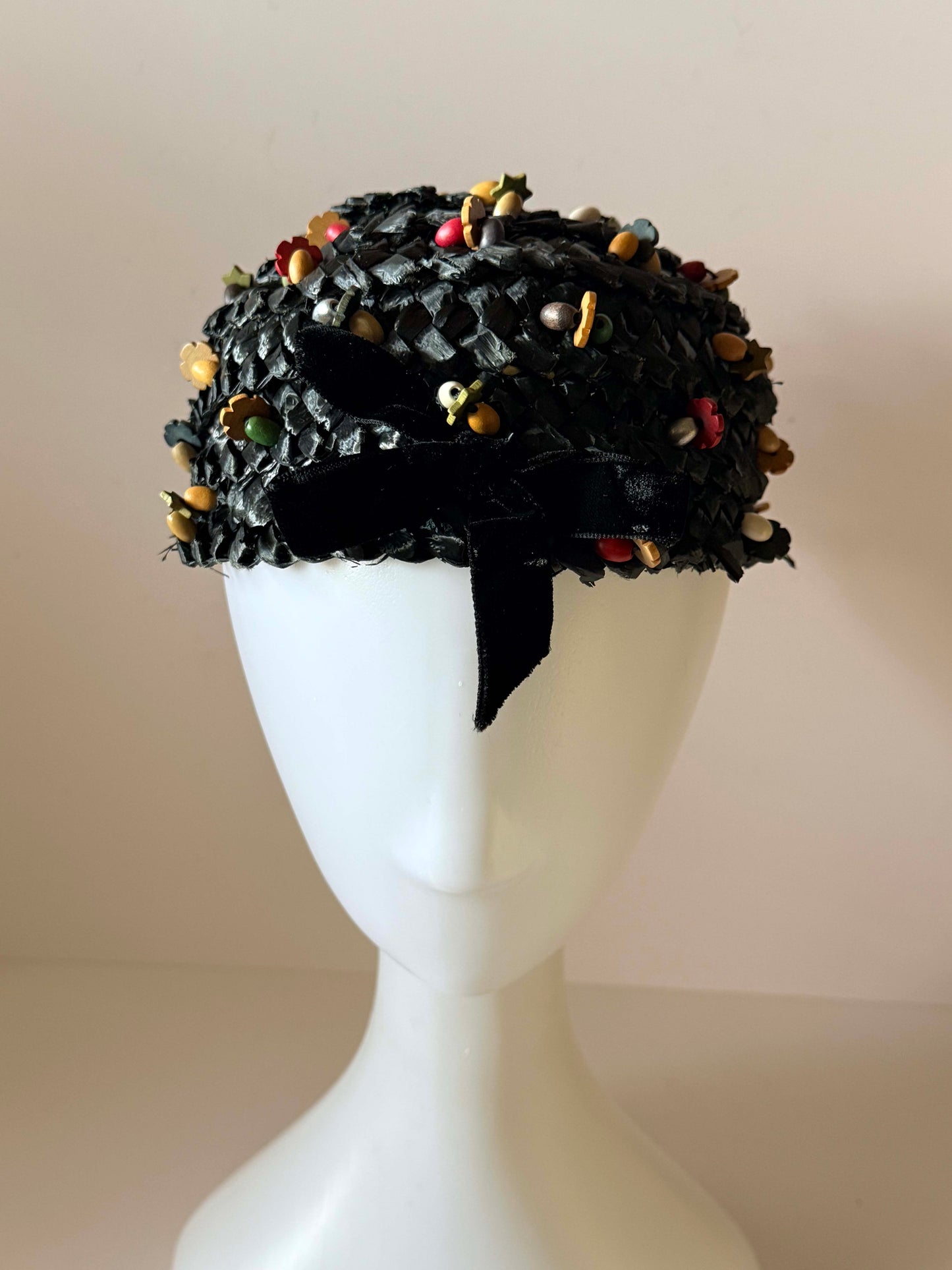 1950s Miss Sally Victor Black Raffia Pillbox Hat Wooden Bead Trim Vintage Cocktail Hat New York Designer Millinery