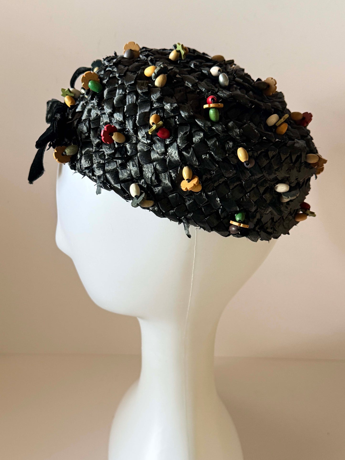 1950s Miss Sally Victor Black Raffia Pillbox Hat Wooden Bead Trim Vintage Cocktail Hat New York Designer Millinery
