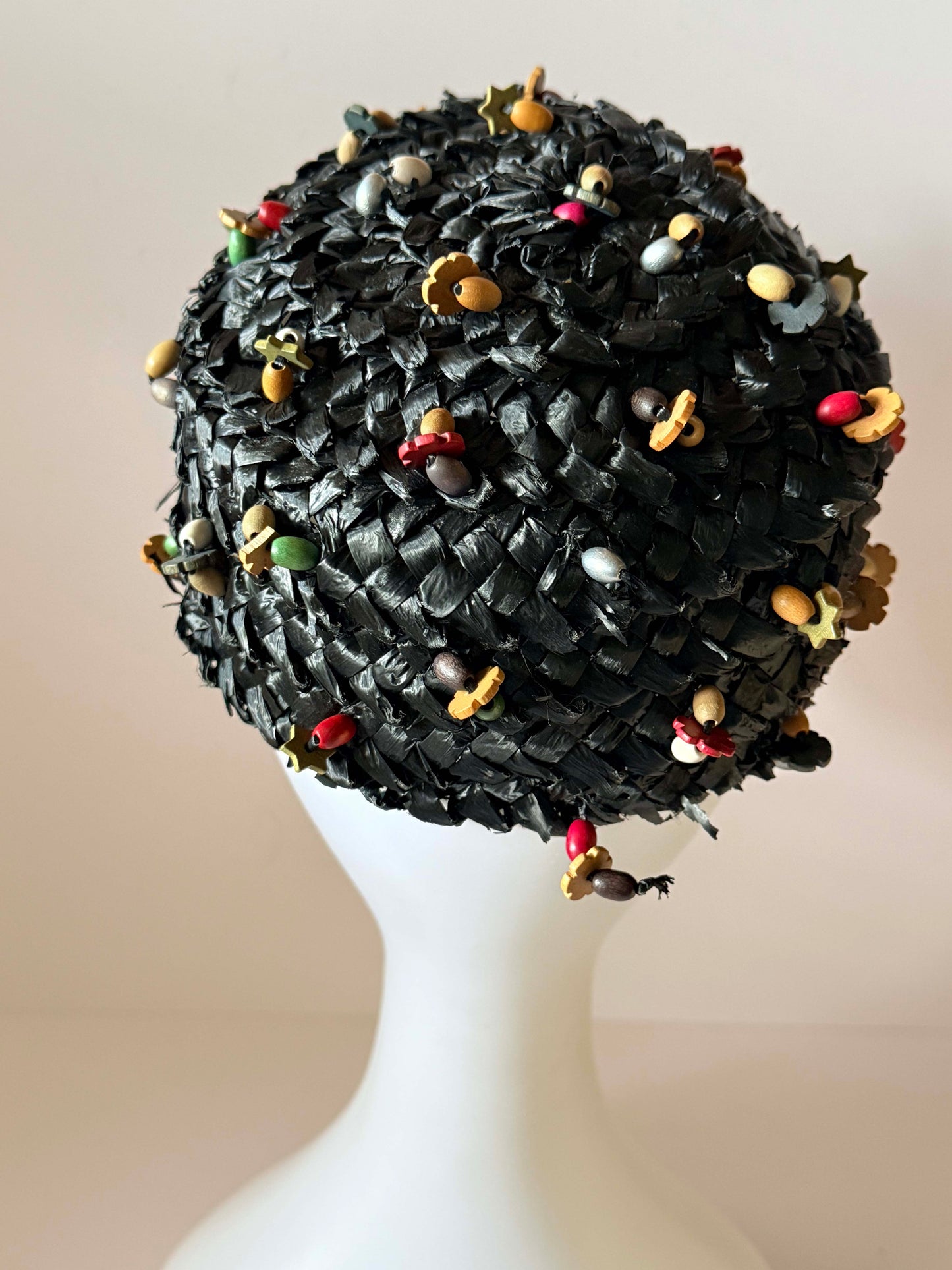 1950s Miss Sally Victor Black Raffia Pillbox Hat Wooden Bead Trim Vintage Cocktail Hat New York Designer Millinery