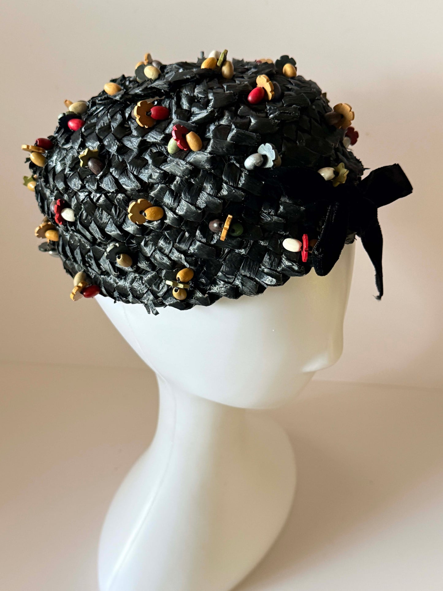 1950s Miss Sally Victor Black Raffia Pillbox Hat Wooden Bead Trim Vintage Cocktail Hat New York Designer Millinery