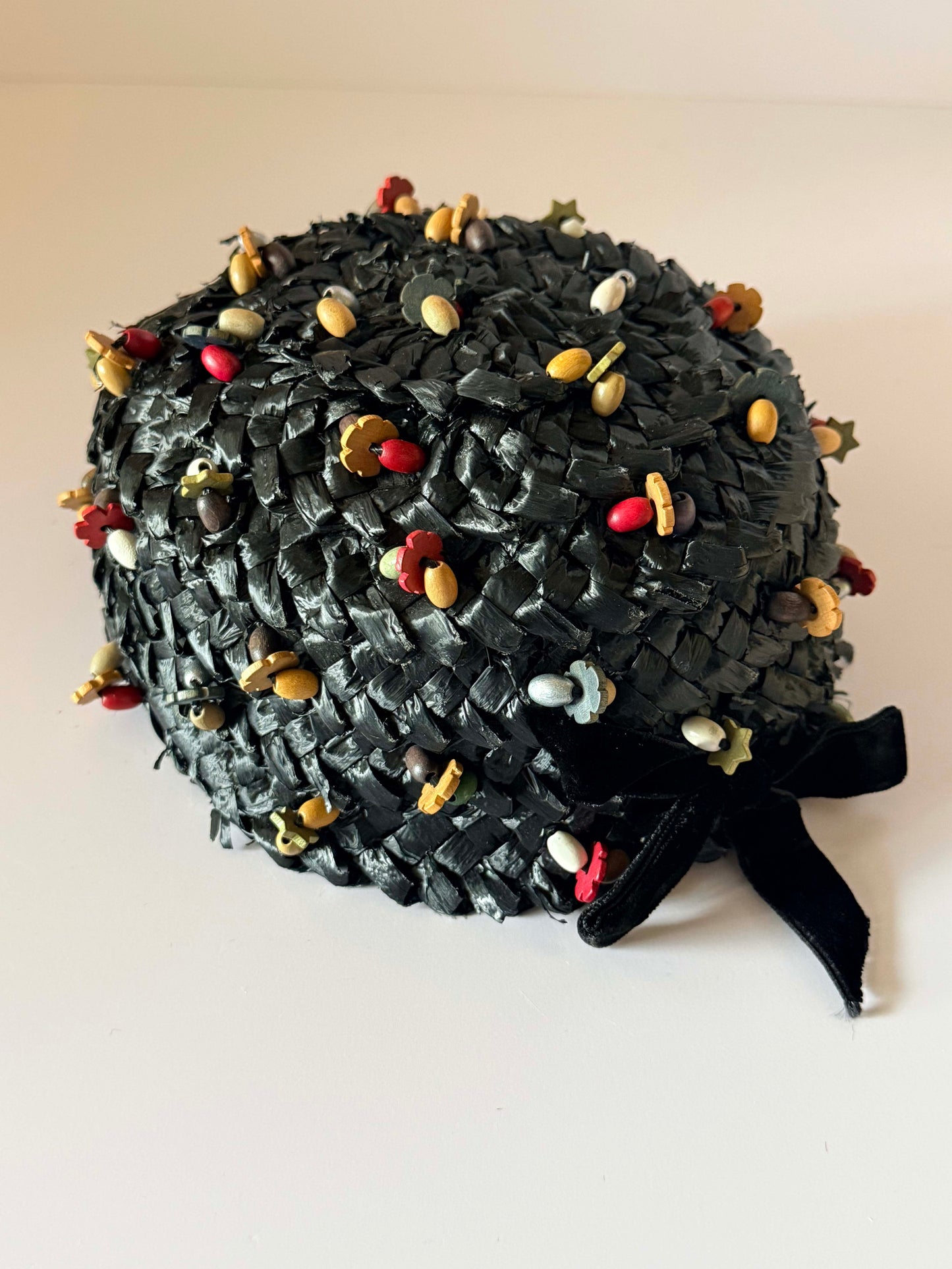 1950s Miss Sally Victor Black Raffia Pillbox Hat Wooden Bead Trim Vintage Cocktail Hat New York Designer Millinery