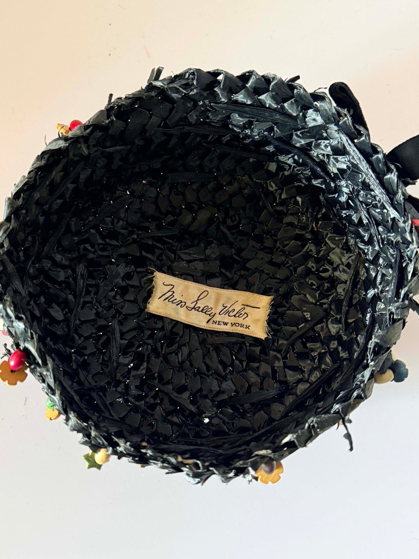 1950s Miss Sally Victor Black Raffia Pillbox Hat Wooden Bead Trim Vintage Cocktail Hat New York Designer Millinery