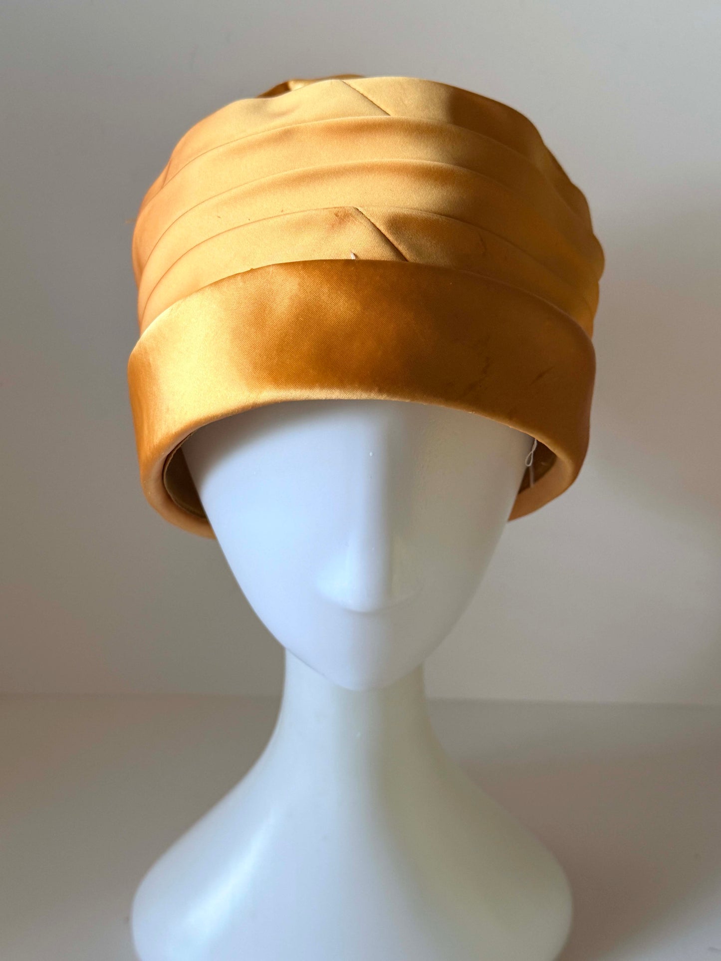 Vintage 1960s Orange Gold Satin Pillbox Hat, Draped Satin Cocktail Hat, Formal Wedding Hat, Church Hat, Mad Men Style, Classic Vintage Millinery