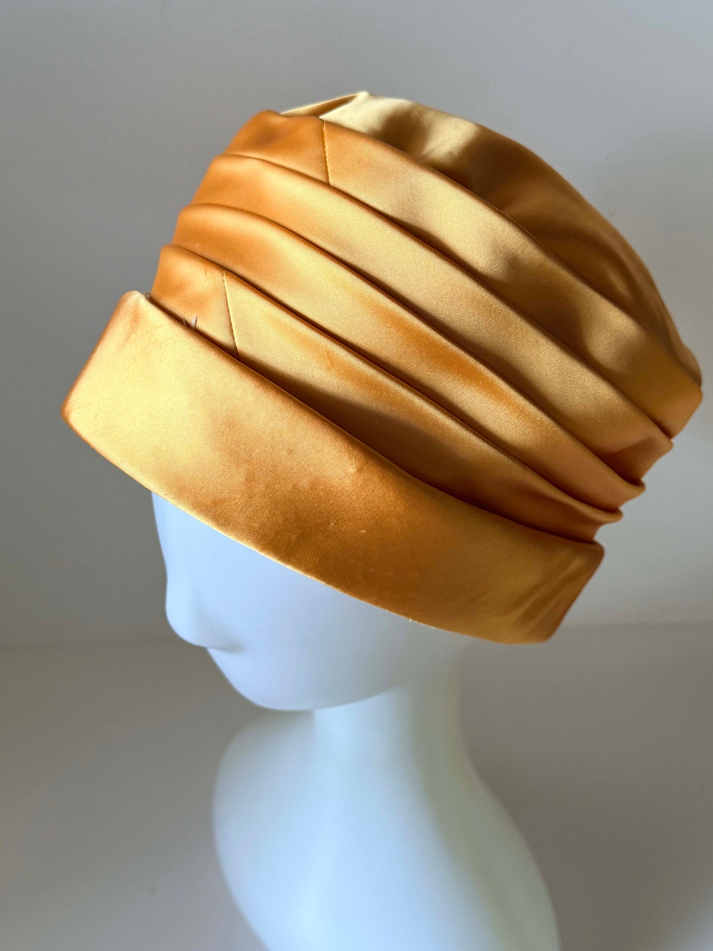 Vintage 1960s Orange Gold Satin Pillbox Hat, Draped Satin Cocktail Hat, Formal Wedding Hat, Church Hat, Mad Men Style, Classic Vintage Millinery