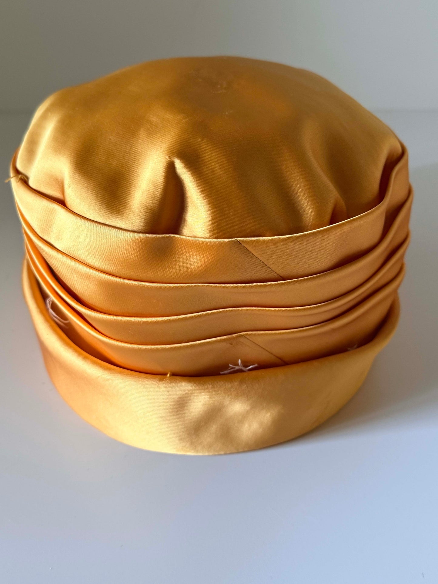 Vintage 1960s Orange Gold Satin Pillbox Hat, Draped Satin Cocktail Hat, Formal Wedding Hat, Church Hat, Mad Men Style, Classic Vintage Millinery