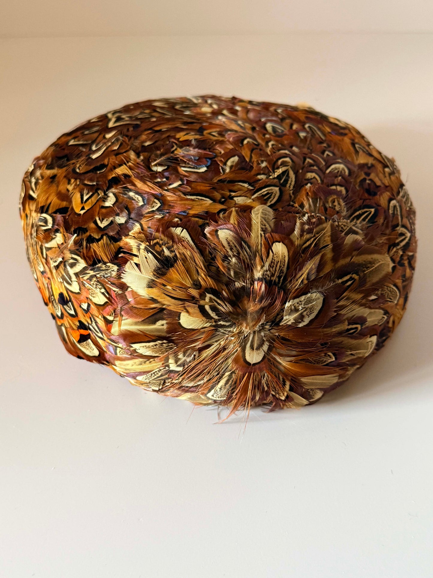 Vintage 1950s Pheasant Feather Pillbox Hat, Natural Feather Cocktail Hat, Brown Feather Fascinator, Mid Century Millinery, Elegant Vintage Hat