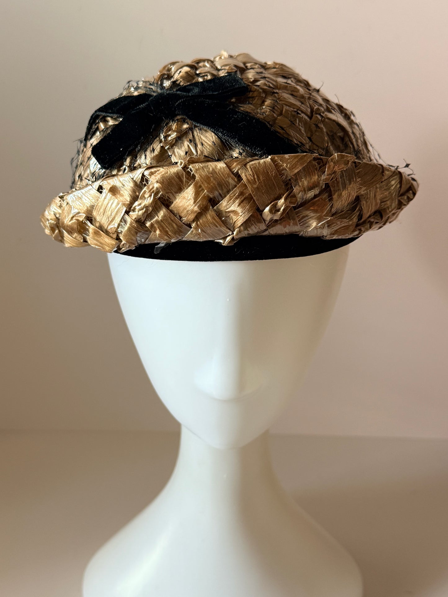 1950s Mr. D Raffia Cocktail Hat Natural Straw Pillbox Black Velvet Bow Vintage Mid Century Hat
