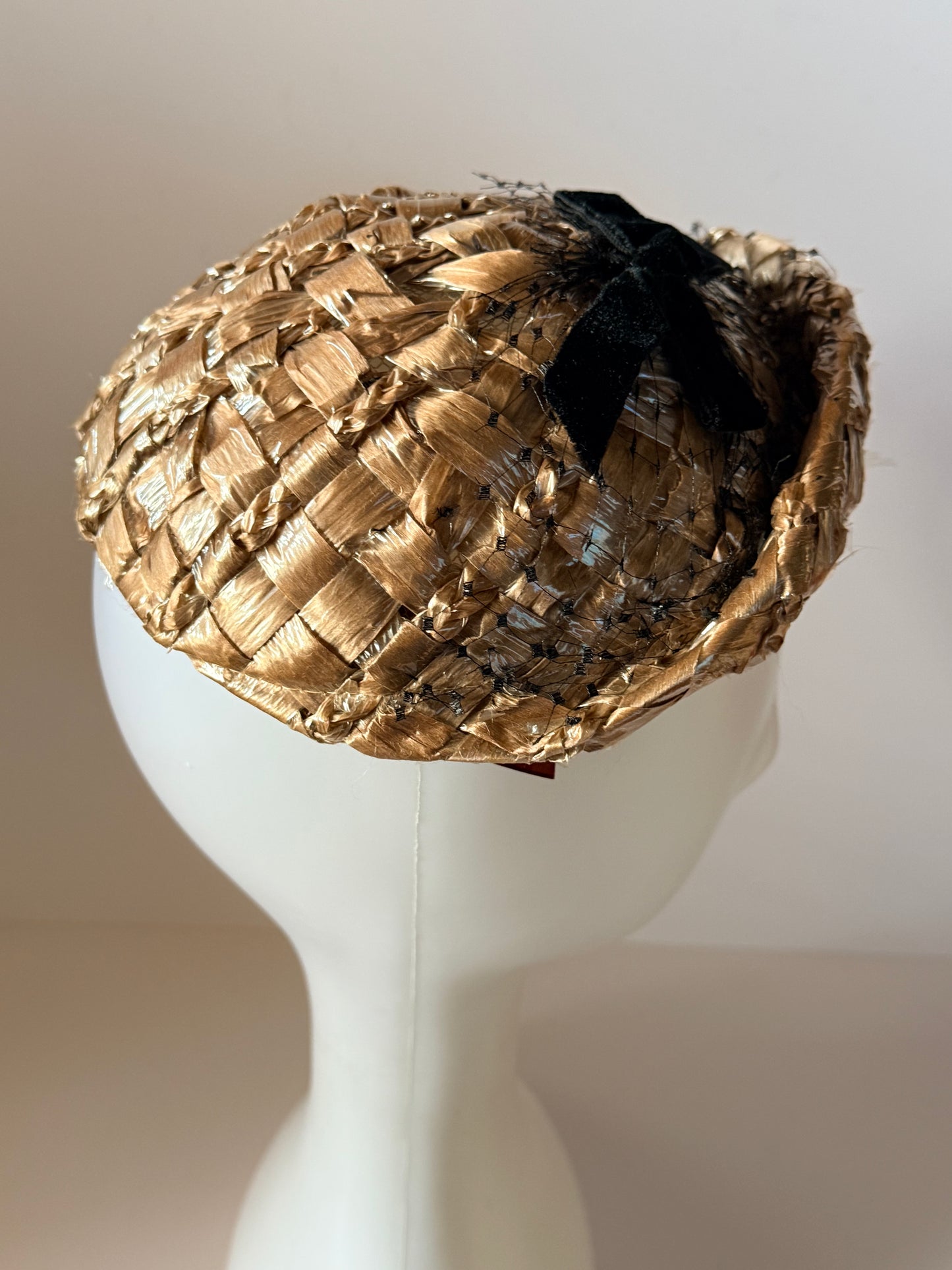 1950s Mr. D Raffia Cocktail Hat Natural Straw Pillbox Black Velvet Bow Vintage Mid Century Hat