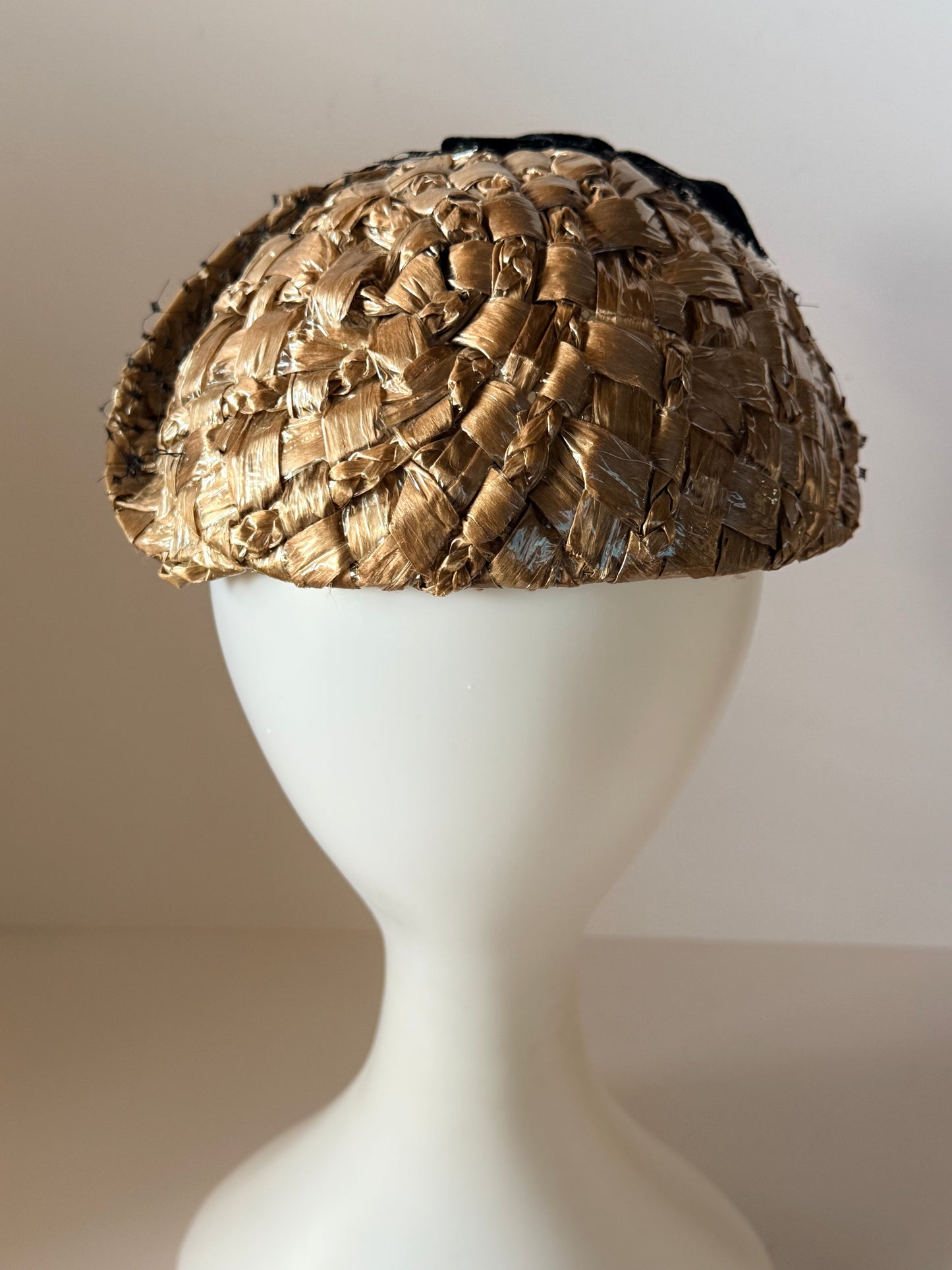 1950s Mr. D Raffia Cocktail Hat Natural Straw Pillbox Black Velvet Bow Vintage Mid Century Hat