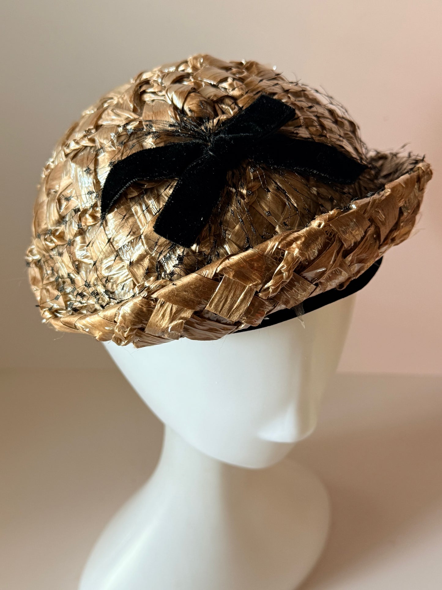 1950s Mr. D Raffia Cocktail Hat Natural Straw Pillbox Black Velvet Bow Vintage Mid Century Hat
