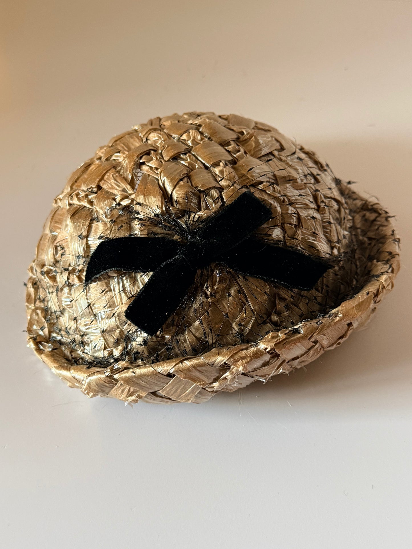 1950s Mr. D Raffia Cocktail Hat Natural Straw Pillbox Black Velvet Bow Vintage Mid Century Hat