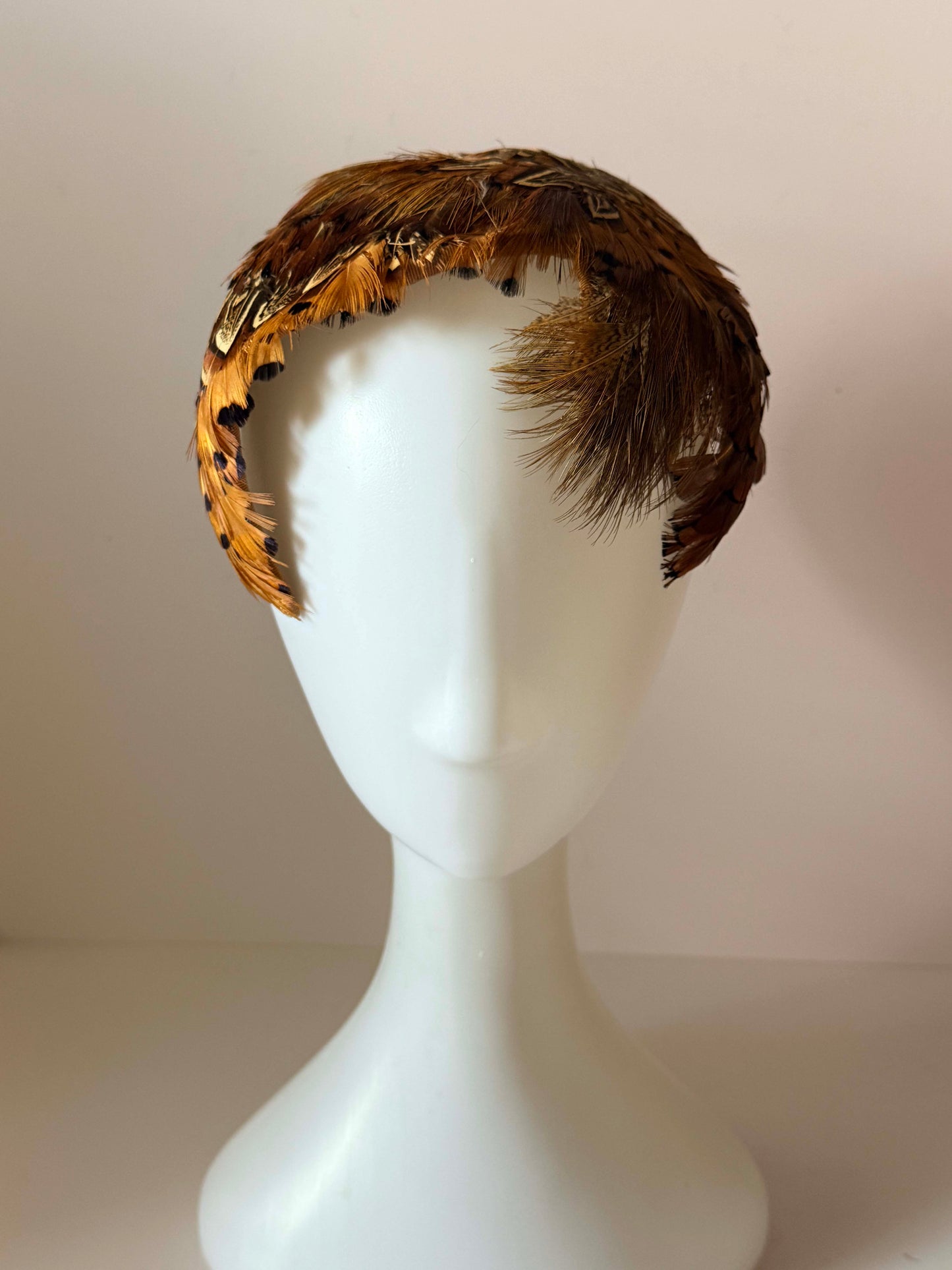 Vintage 1950s Best & Co Fifth Avenue Pheasant Feather Half Hat | Brown Feather Half Hat | Mid Century Cocktail Hat | Designer Millinery