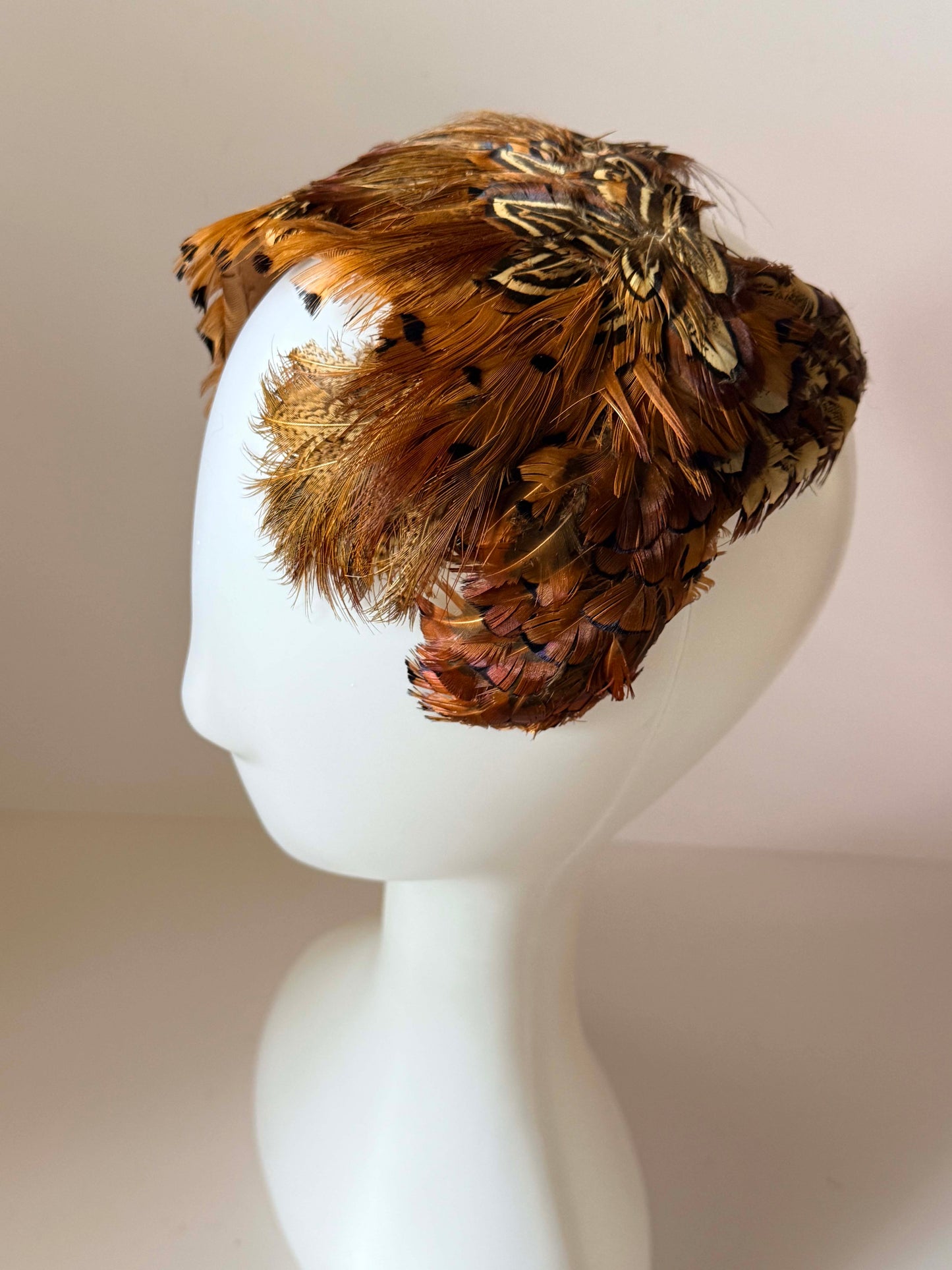 Vintage 1950s Best & Co Fifth Avenue Pheasant Feather Half Hat | Brown Feather Half Hat | Mid Century Cocktail Hat | Designer Millinery