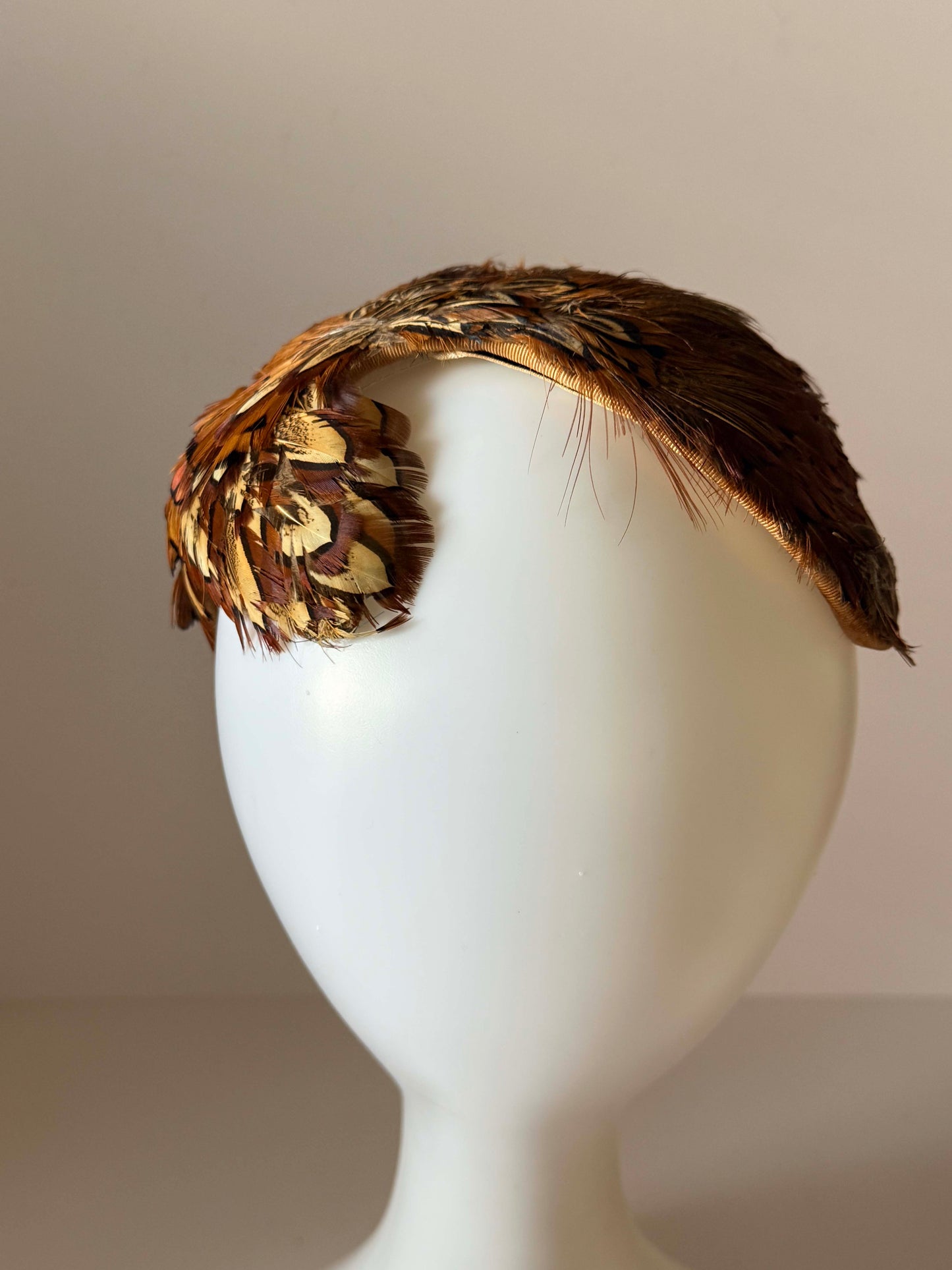 Vintage 1950s Best & Co Fifth Avenue Pheasant Feather Half Hat | Brown Feather Half Hat | Mid Century Cocktail Hat | Designer Millinery