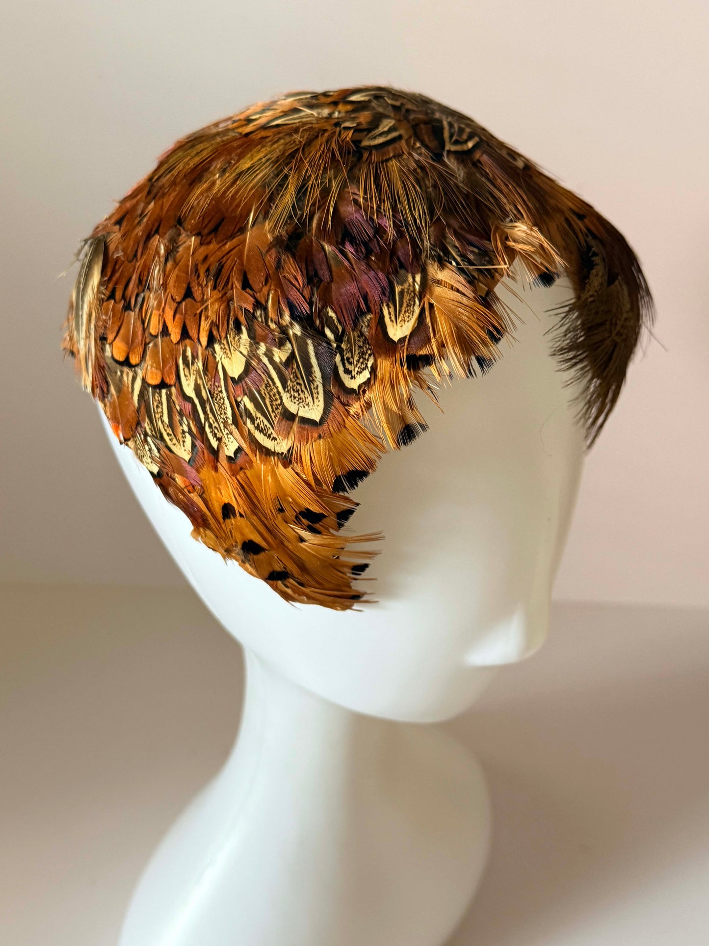 Vintage 1950s Best & Co Fifth Avenue Pheasant Feather Half Hat | Brown Feather Half Hat | Mid Century Cocktail Hat | Designer Millinery