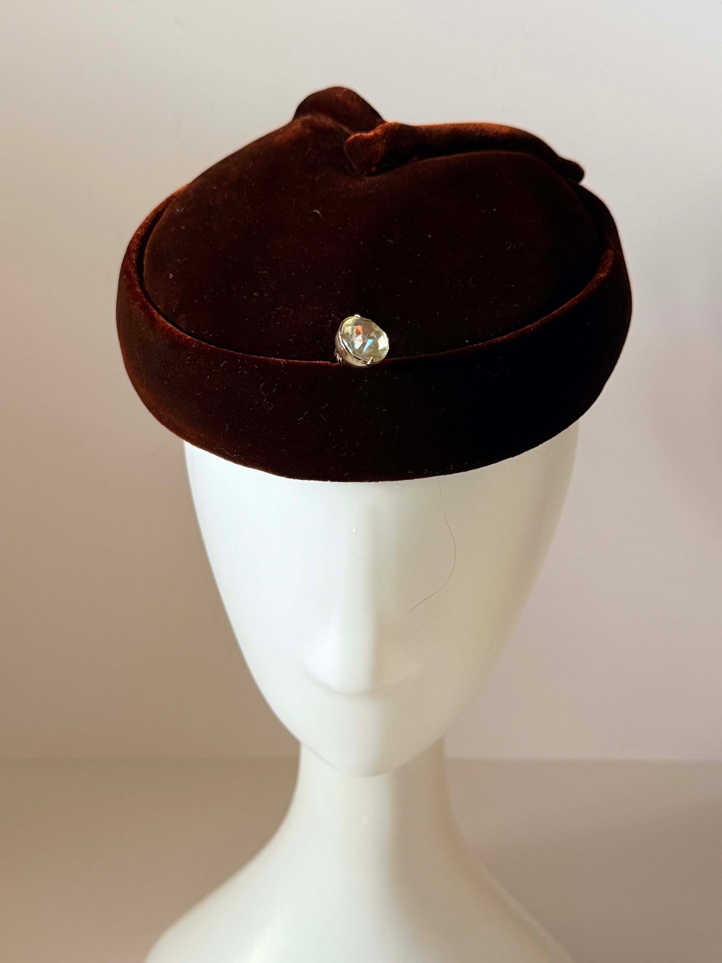 Vintage Suzy Brown Velvet Halo Hat 1960s Cocktail Hat Spring Mounted Rhinestone Mid Century Designer Millinery