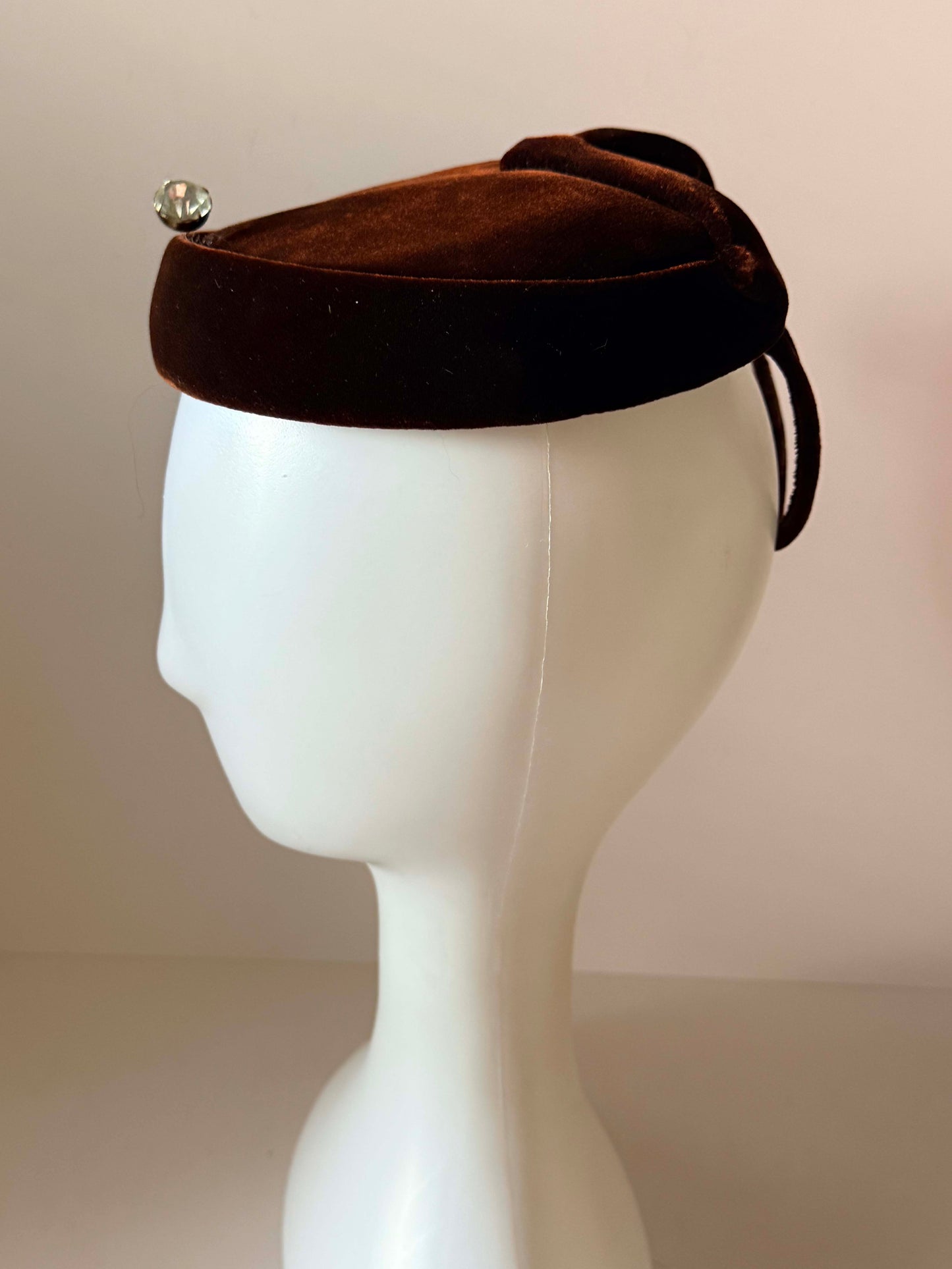 Vintage Suzy Brown Velvet Halo Hat 1960s Cocktail Hat Spring Mounted Rhinestone Mid Century Designer Millinery