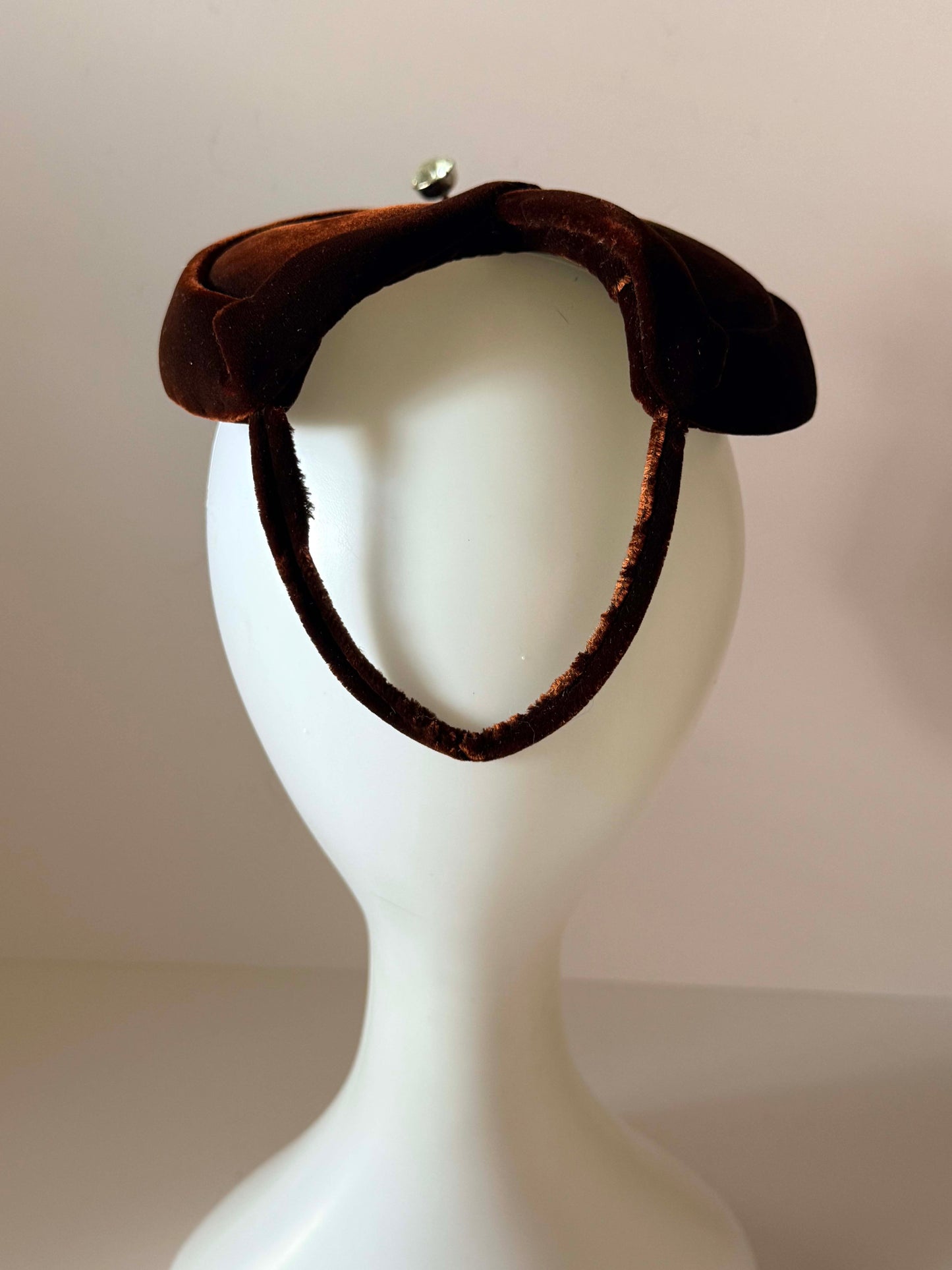 Vintage Suzy Brown Velvet Halo Hat 1960s Cocktail Hat Spring Mounted Rhinestone Mid Century Designer Millinery