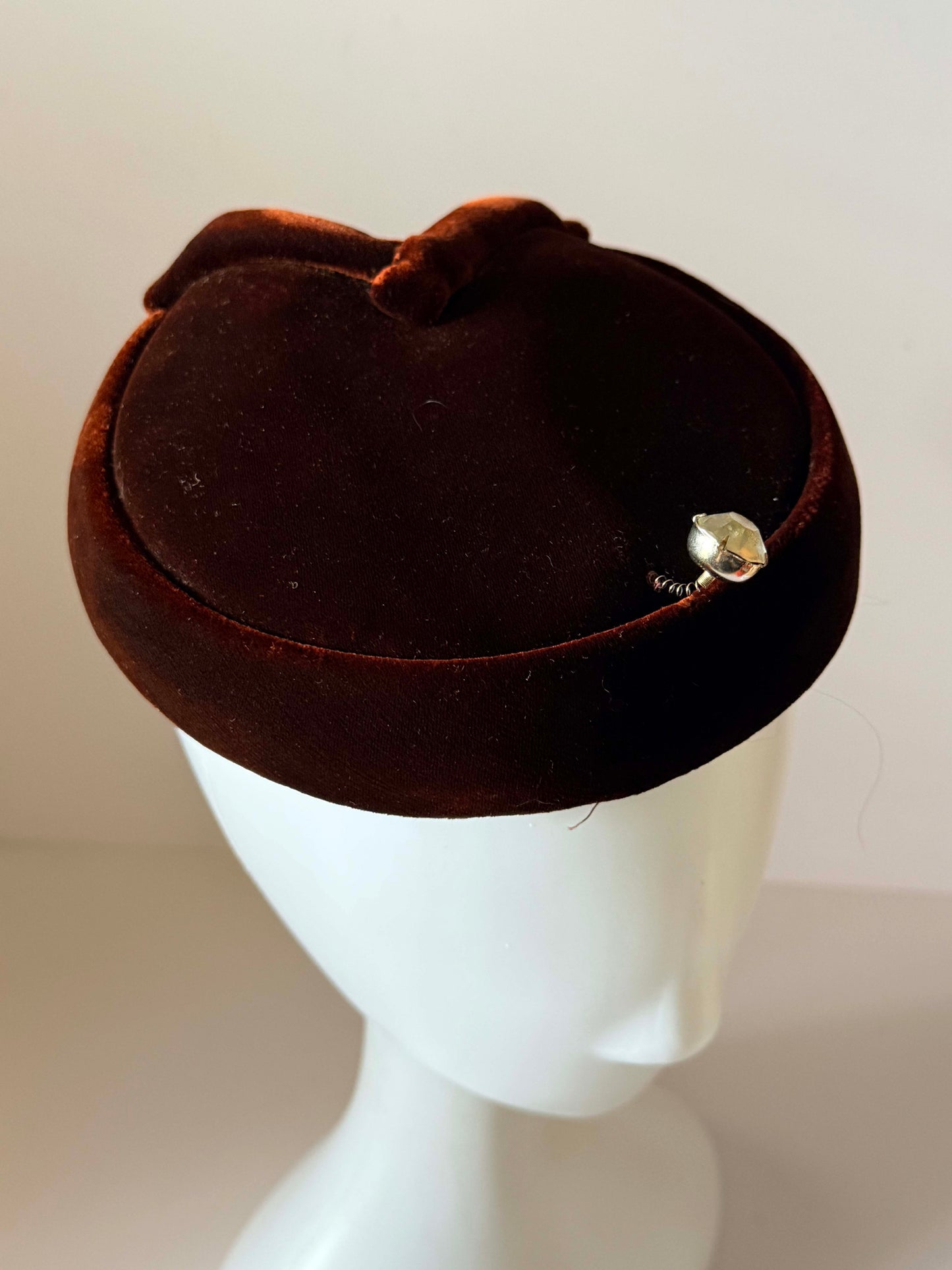 Vintage Suzy Brown Velvet Halo Hat 1960s Cocktail Hat Spring Mounted Rhinestone Mid Century Designer Millinery