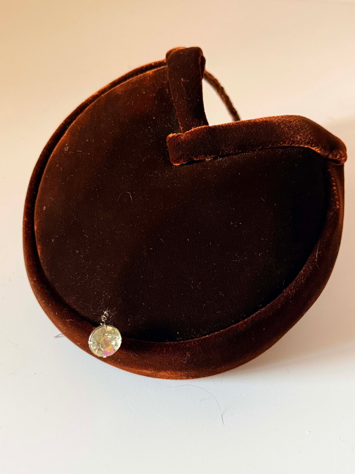Vintage Suzy Brown Velvet Halo Hat 1960s Cocktail Hat Spring Mounted Rhinestone Mid Century Designer Millinery