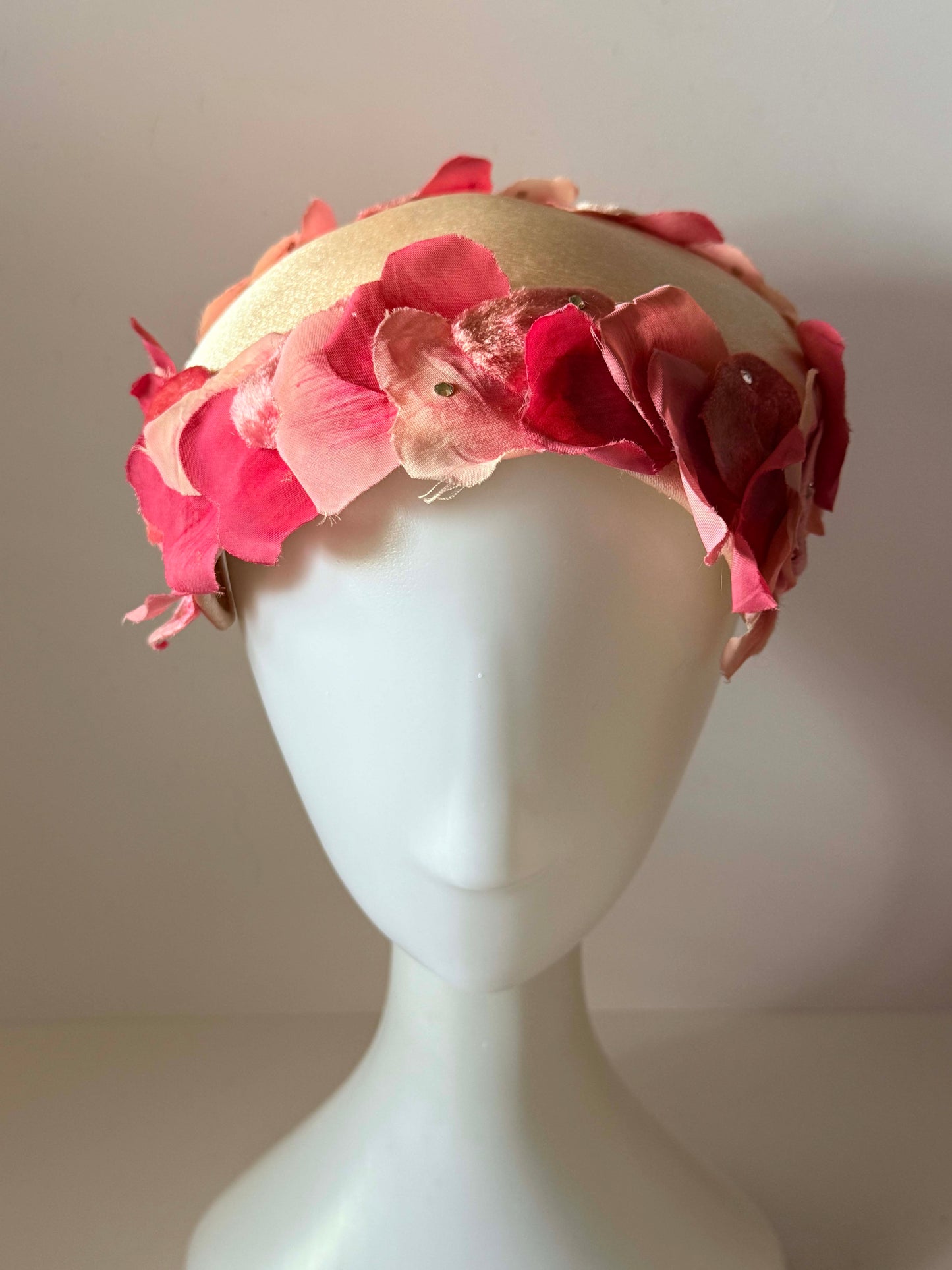 Vintage Pink Floral Half Hat | 1960s Satin Floral Cocktail Hat | Bridal Half Hat | Garden Party Millinery