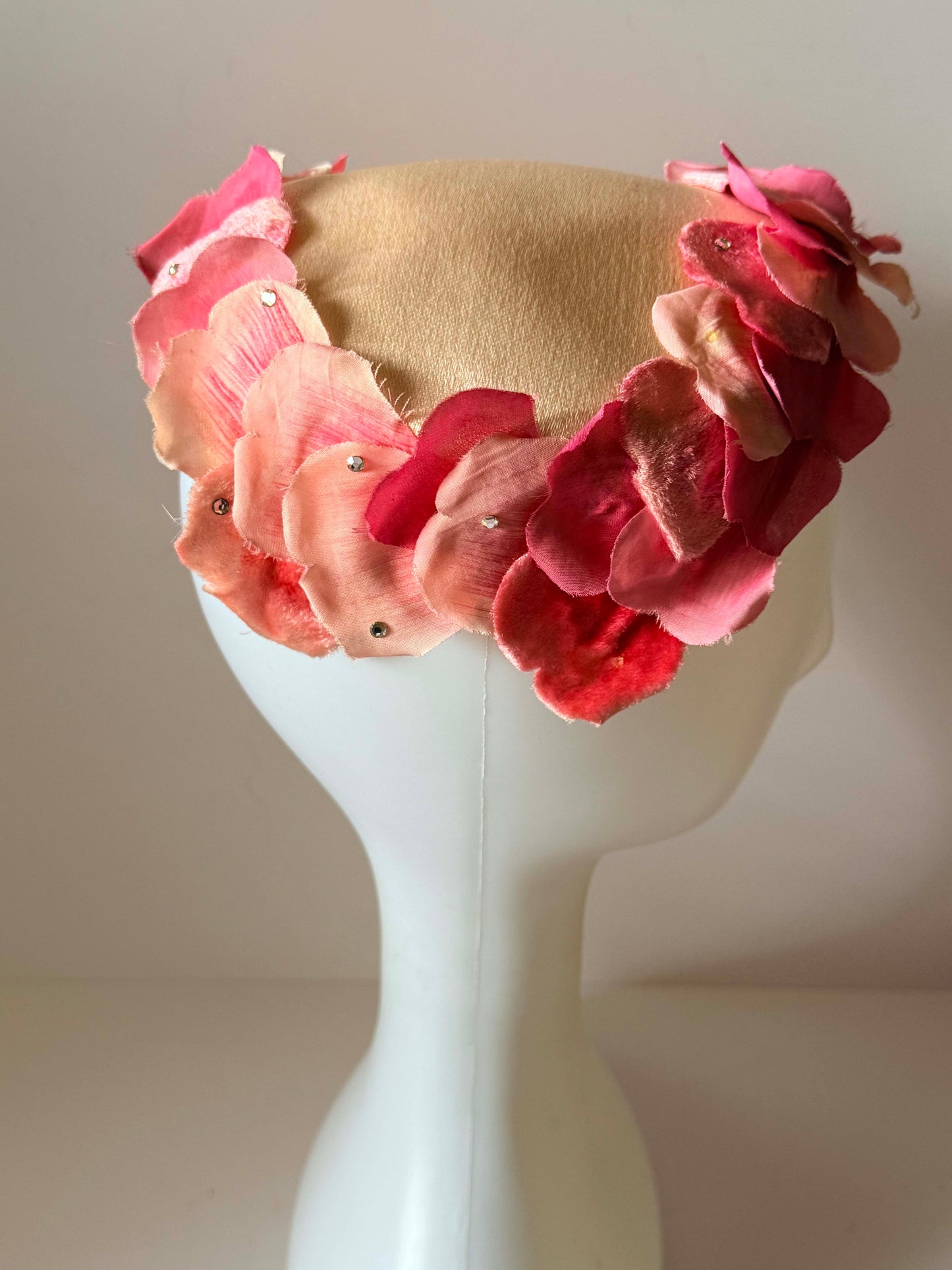 Vintage Pink Floral Half Hat | 1960s Satin Floral Cocktail Hat | Bridal Half Hat | Garden Party Millinery