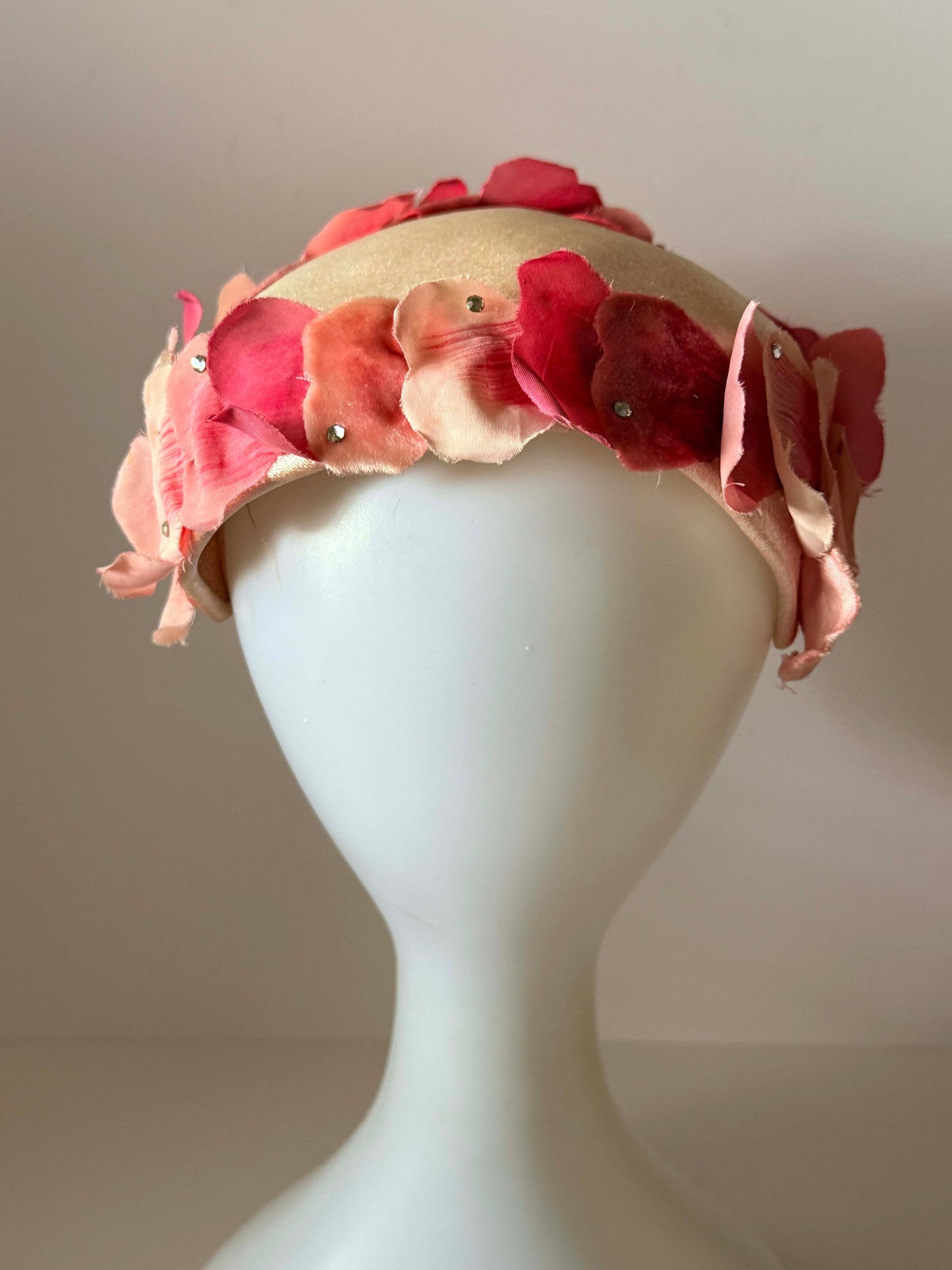 Vintage Pink Floral Half Hat | 1960s Satin Floral Cocktail Hat | Bridal Half Hat | Garden Party Millinery