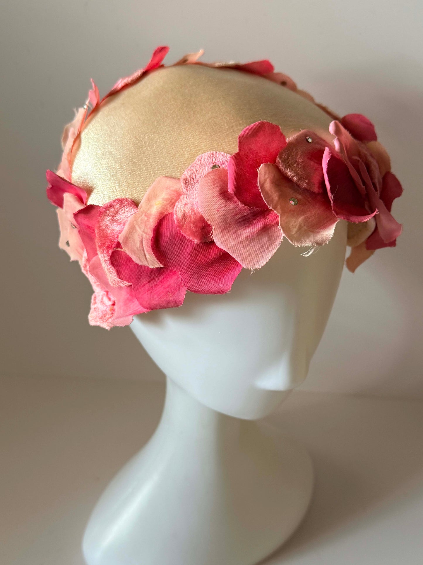 Vintage Pink Floral Half Hat | 1960s Satin Floral Cocktail Hat | Bridal Half Hat | Garden Party Millinery