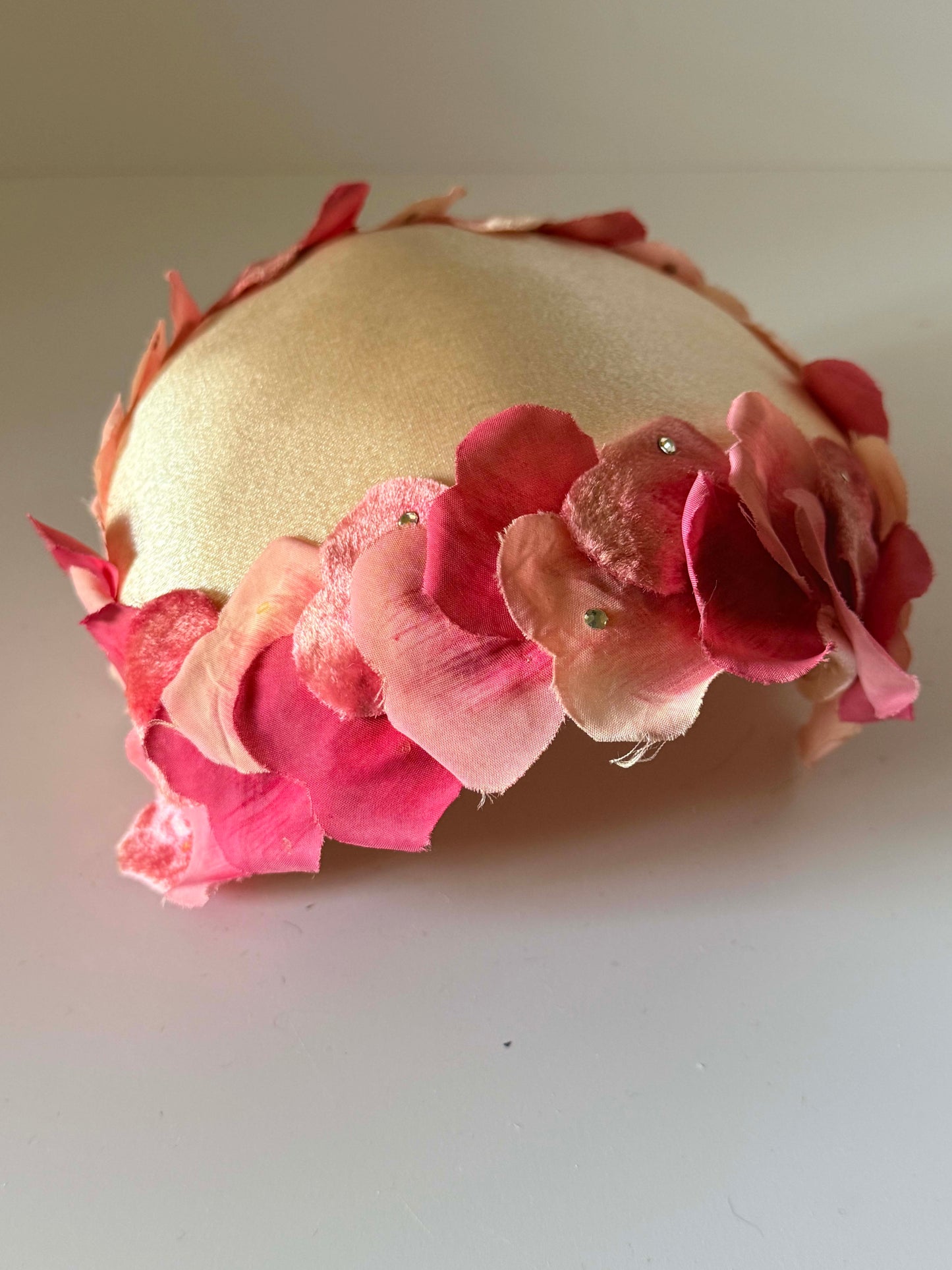 Vintage Pink Floral Half Hat | 1960s Satin Floral Cocktail Hat | Bridal Half Hat | Garden Party Millinery