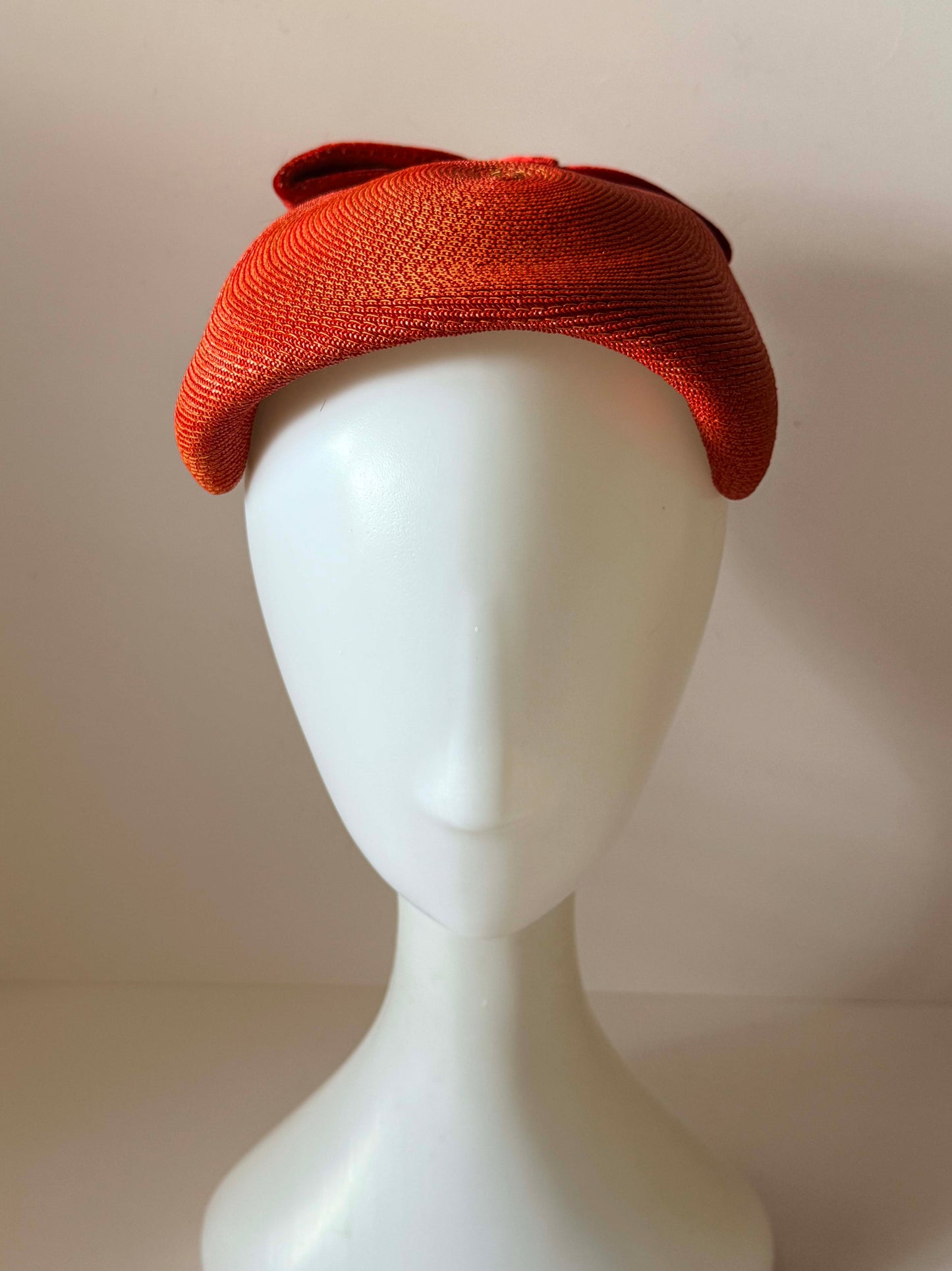Vintage Pauline Model Orange Straw Half Hat with Velvet Bow | 1960s Mod Cocktail Hat | Mid Century Designer Millinery